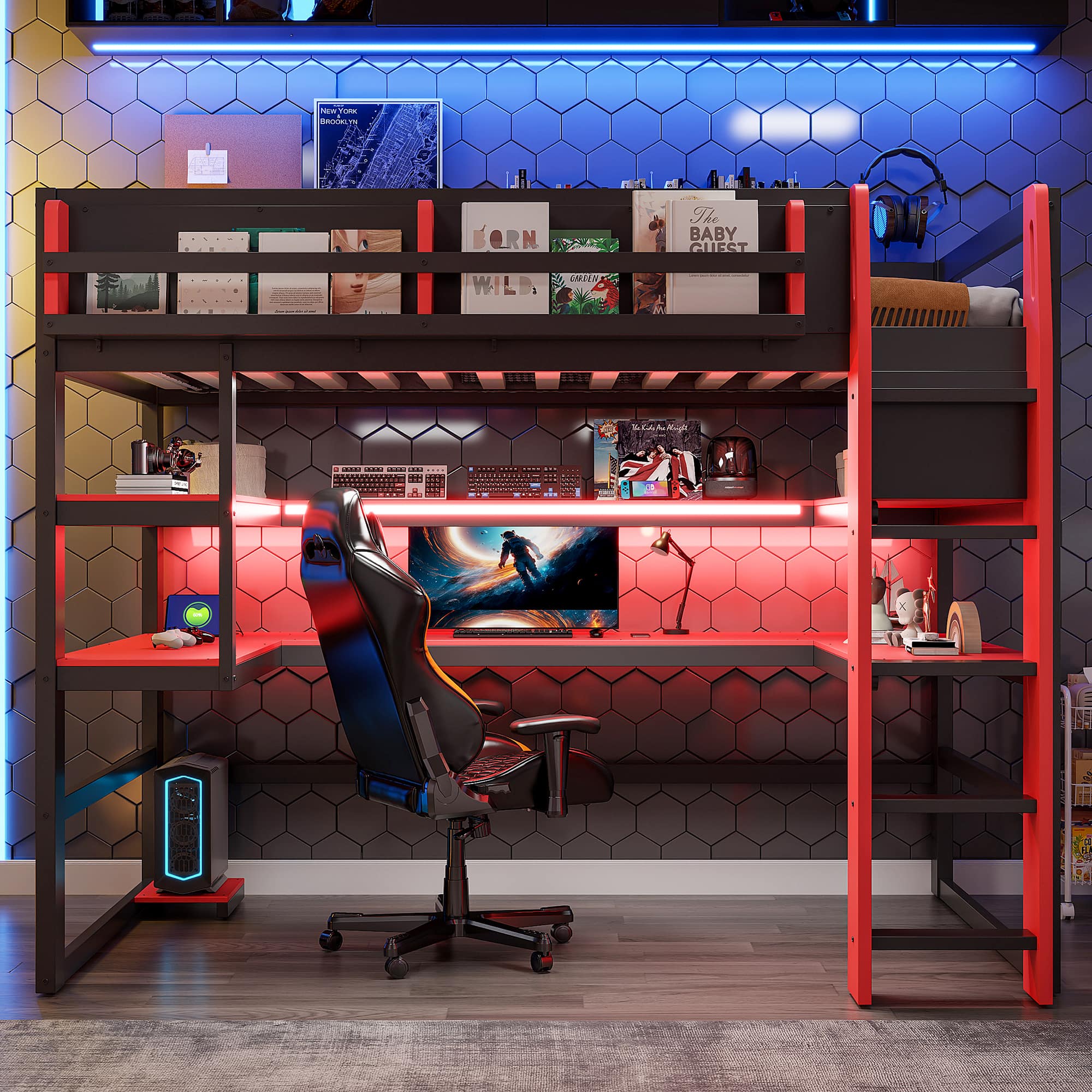 Anysun - Twin Size Wood Loft Bed with Desk,Side storage rack,Multi-storage Shelves and RGB Light,Cloud - Red