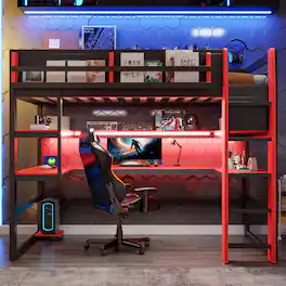 Anysun - Twin Size Wood Loft Bed with Desk,Side storage rack,Multi-storage Shelves and RGB Light,Cloud - Red