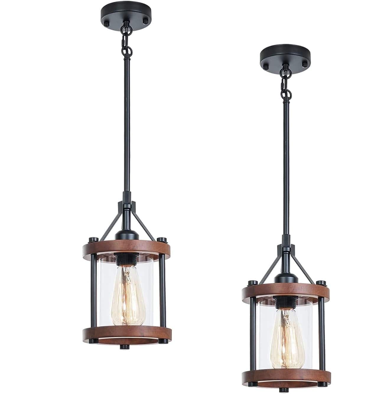 FINEAK - Farmhouse Rustic Walnut Wood & Metal Cage Pendant Lights - 2 Pack with Glass Shade, Adjustable Hanging Fixtures - Brown