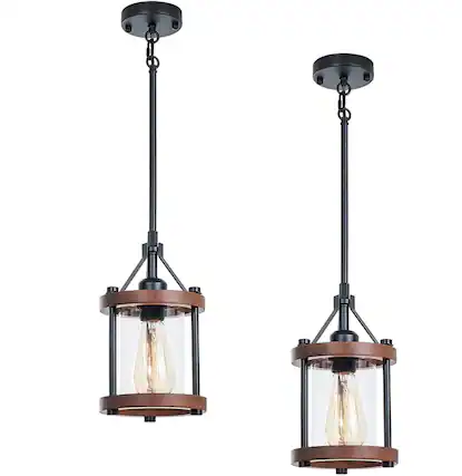 Front. FINEAK - Farmhouse Rustic Walnut Wood & Metal Cage Pendant Lights - 2 Pack with Glass Shade, Adjustable Hanging Fixtures - Brown.
