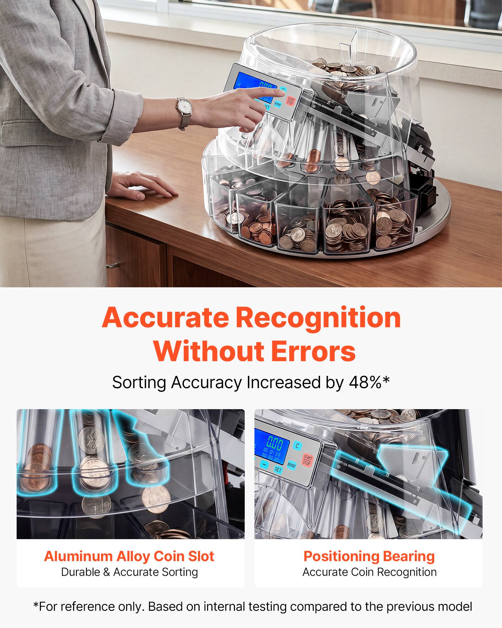 Accurate Recognition Without Errors  
Sorting Accuracy Increased by 48%*  

Aluminum Alloy Coin Slot  
Durable & Accurate Sorting  

Positioning Bearing  
Accurate Coin Recognition  

*For reference only. Based on internal testing compared to the previous model
