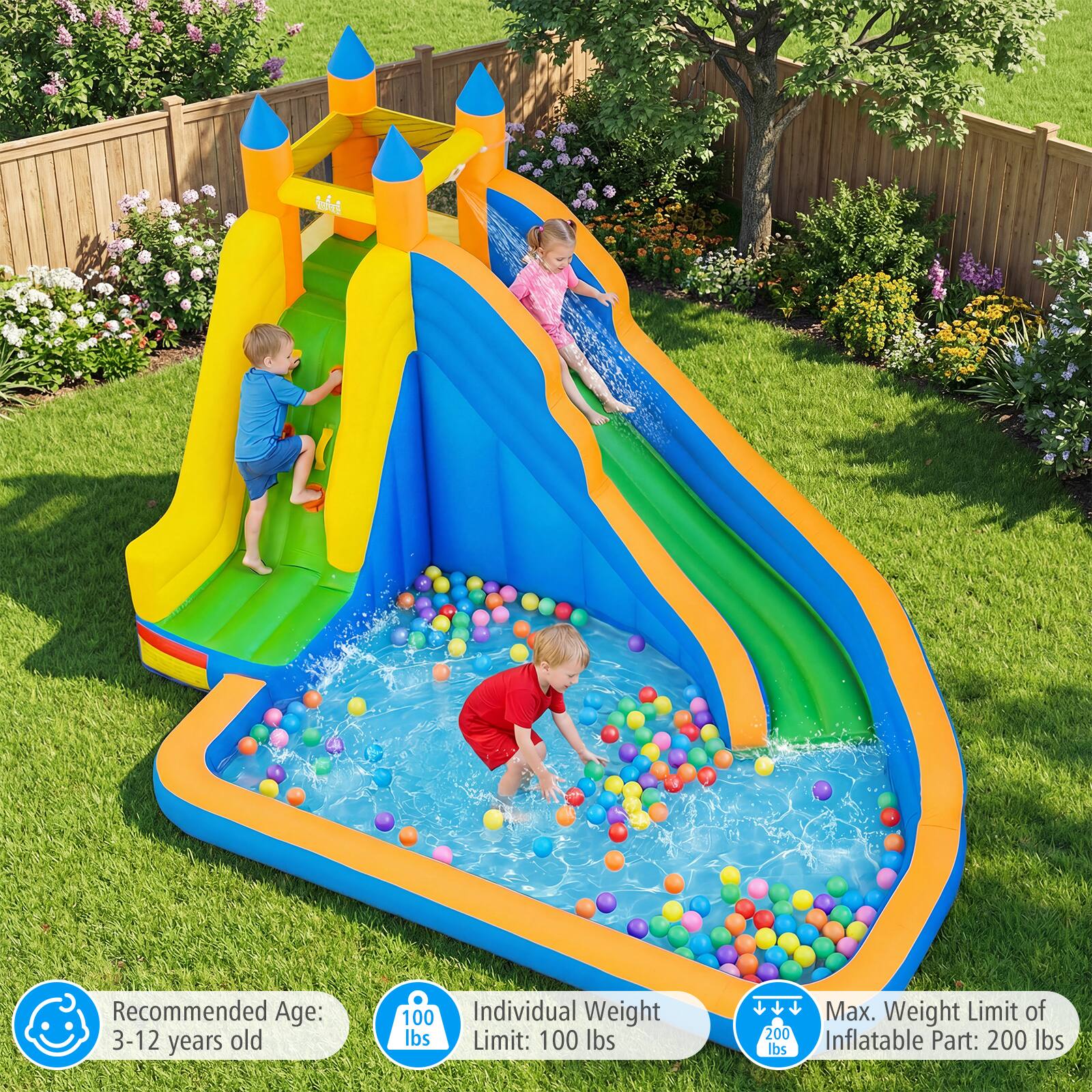 Recommended Age: 3-12 years old  
Individual Weight Limit: 100 lbs  
Max. Weight Limit of Inflatable Part: 200 lbs
