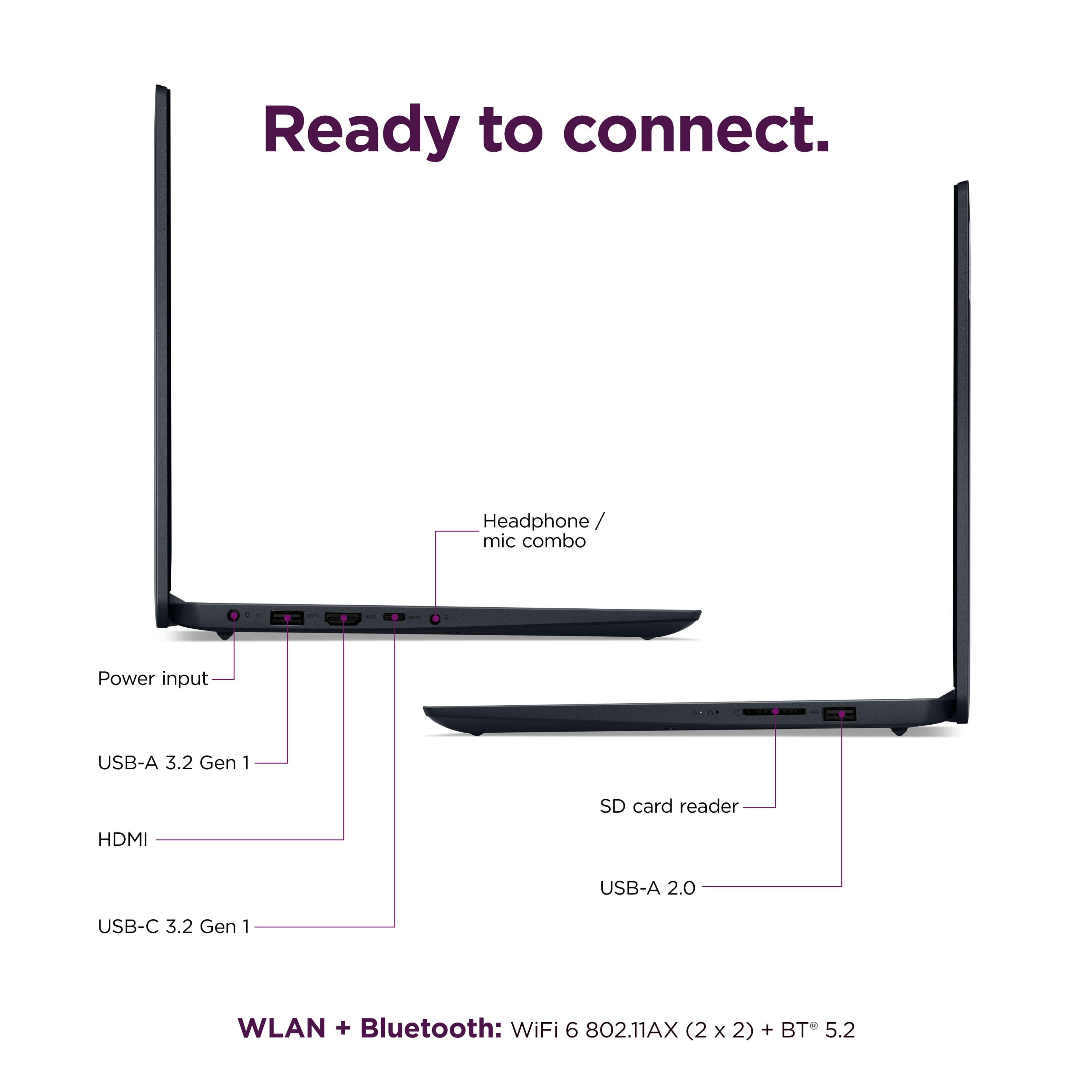Ready to connect. Headphone/mic combo. Power input. USB-A 3.2 Gen 1. SD card reader. HDMI. USB-A 2.0. USB-C 3.2 Gen 1. WLAN + Bluetooth: WiFi 6 802.11AX (2x2) + BT 5.2.