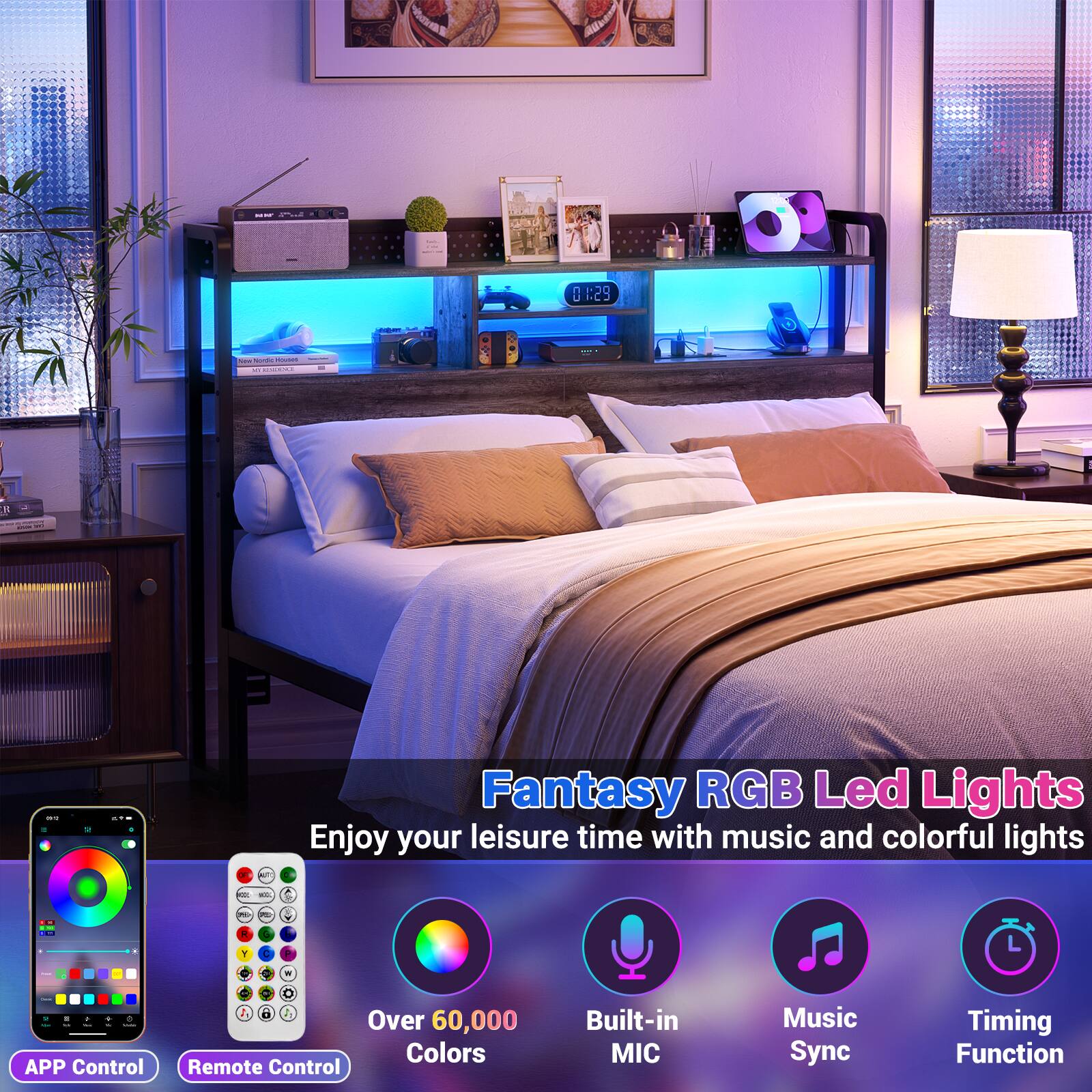 Fantasy RGB Led Lights  
Enjoy your leisure time with music and colorful lights  

- APP Control  
- Remote Control  
- Over 60,000 Colors  
- Built-in MIC  
- Music Sync  
- Timing Function