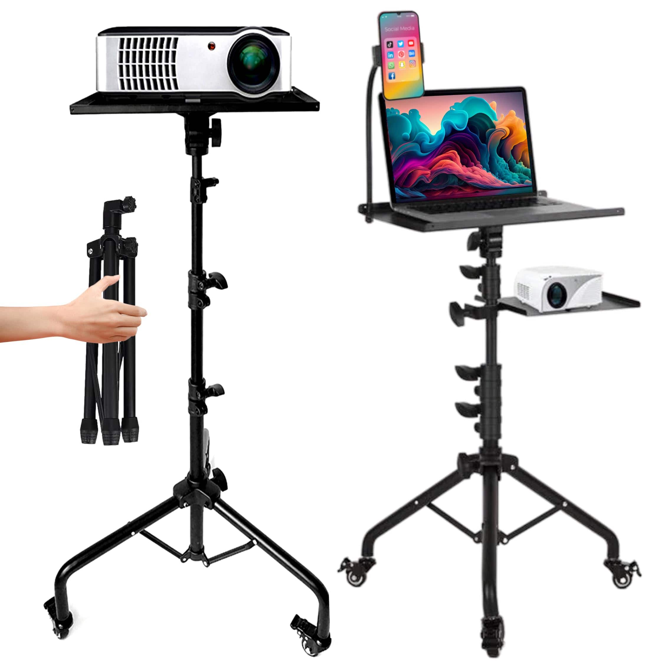 Cedar Assembly - Laptop Projector Tripod Stand Height 26 To 51 Wheely With Gooseneck Phone Holder For Movie Meeting Book - Default