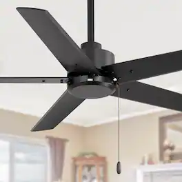 Breezary - 52-Inch Indoor Ceiling Fan, No-Light, 5 Reversible Plywood Blades, 3-Speed AC Motor, 5/10'' Downrods, Pull Chain Control - Matte Black