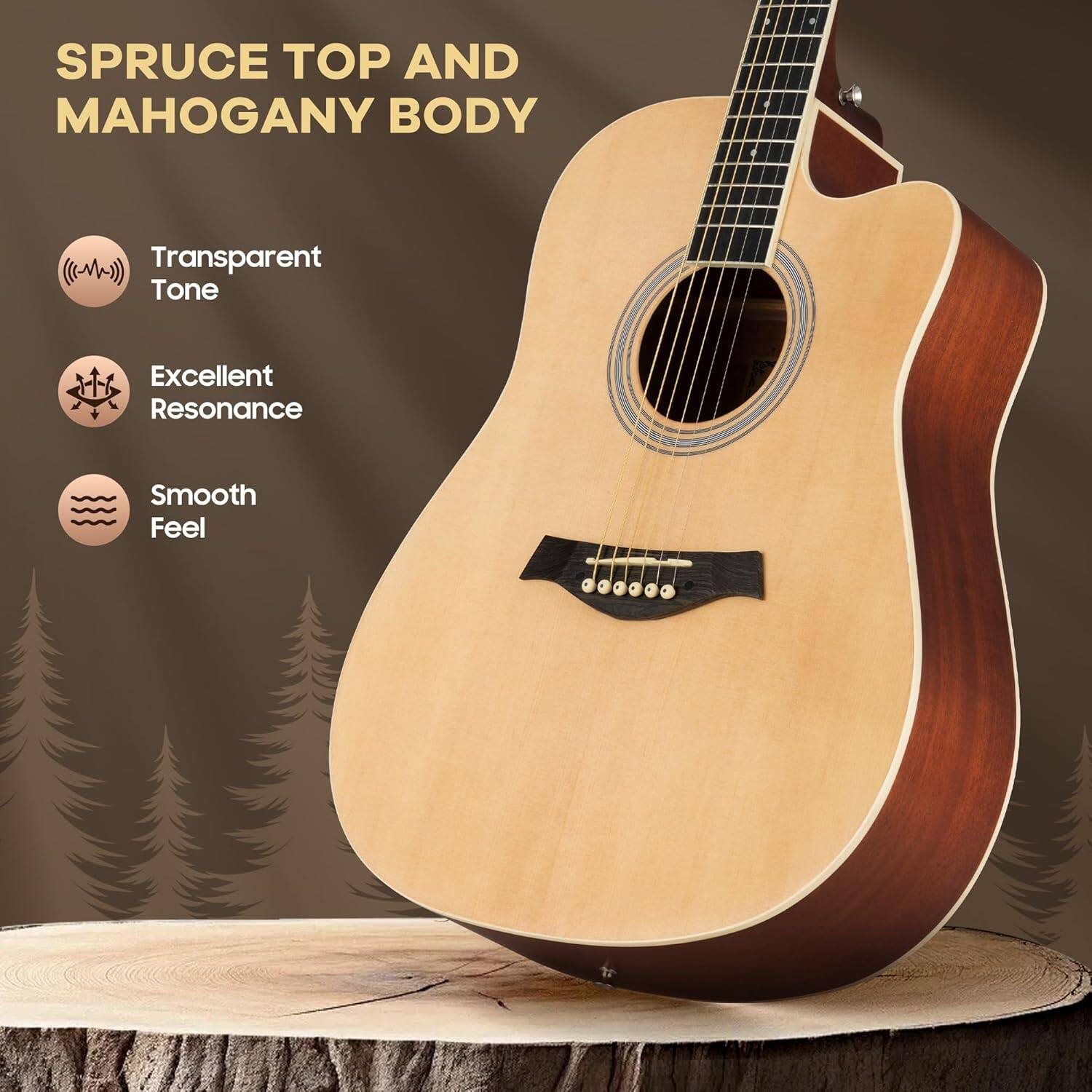 SPRUCE TOP AND MAHOGANY BODY  
Transparent Tone  
Excellent Resonance  
Smooth Feel