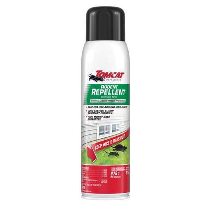 TOMCAT REPELLENTS RODENT REPELLENT Continuous Spray Inside & Outside Rodent Prevention SAFE FOR USE AROUND KIDS & PETS LONG LASTING RAIN RESISTANT FORMULA 100% MONEY BACK GUARANTEE RATS MICE KEEP MICE & RATS OUT OF YOUR HOME 500% COVERAGE APPROXIMATE 500% 14 OZ 275 SQ FT 2 PES CADRAS 120 GEA KEEP OUT OF REACH OF CHILDREN