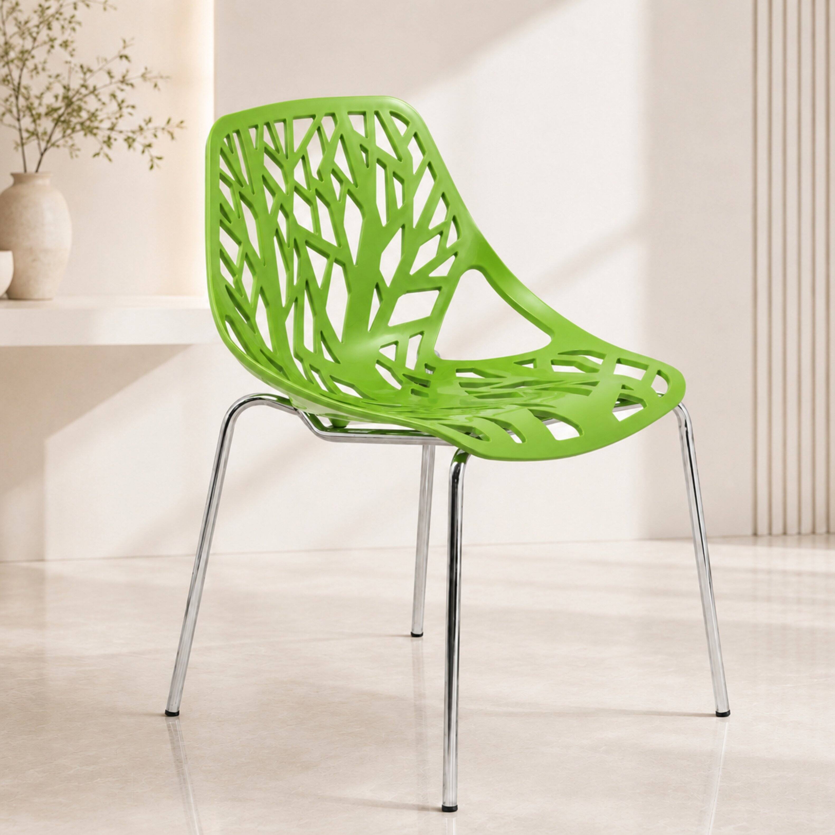 Angle. LeisureMod - Asbury Set of 2 Modern Stackable Dining Chair with Chrome Steel Legs and Cut Out Design for Indoor Outdoor - Green.
