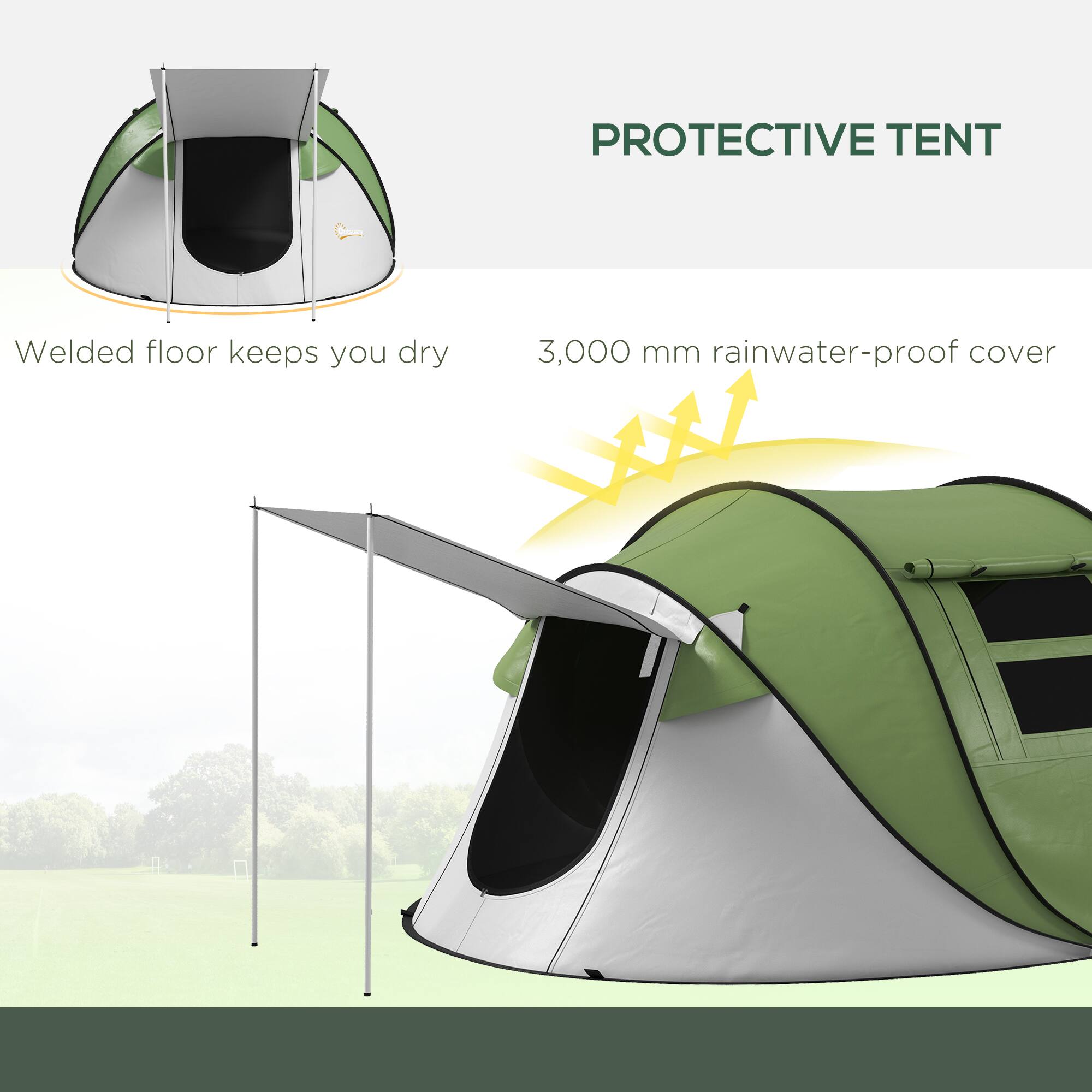 **Protective Tent**

- **Welded floor keeps you dry**
- **3,000 mm rainwater-proof cover**