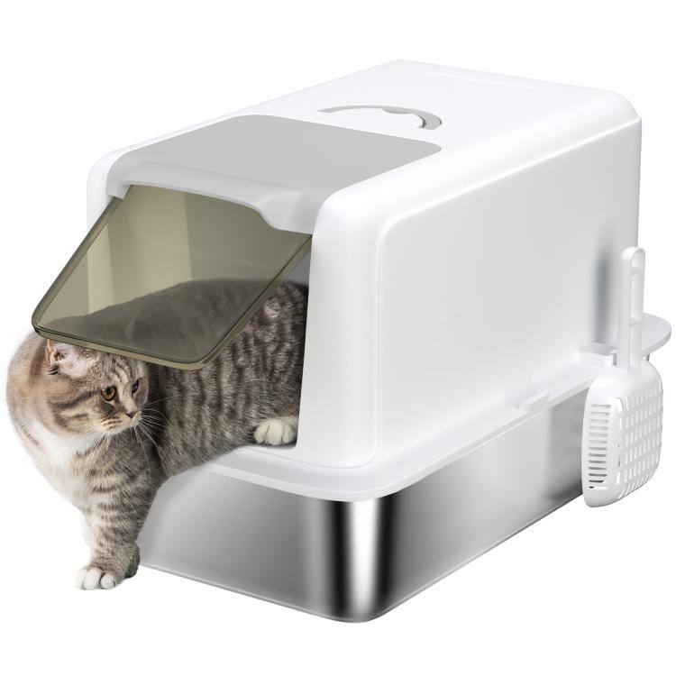 Front. PULUZ - 2 in 1 Stainless Steel Cat Litter Box with Removable Lid, Scoop, Filter Bags, for Small to Large Cats - White.