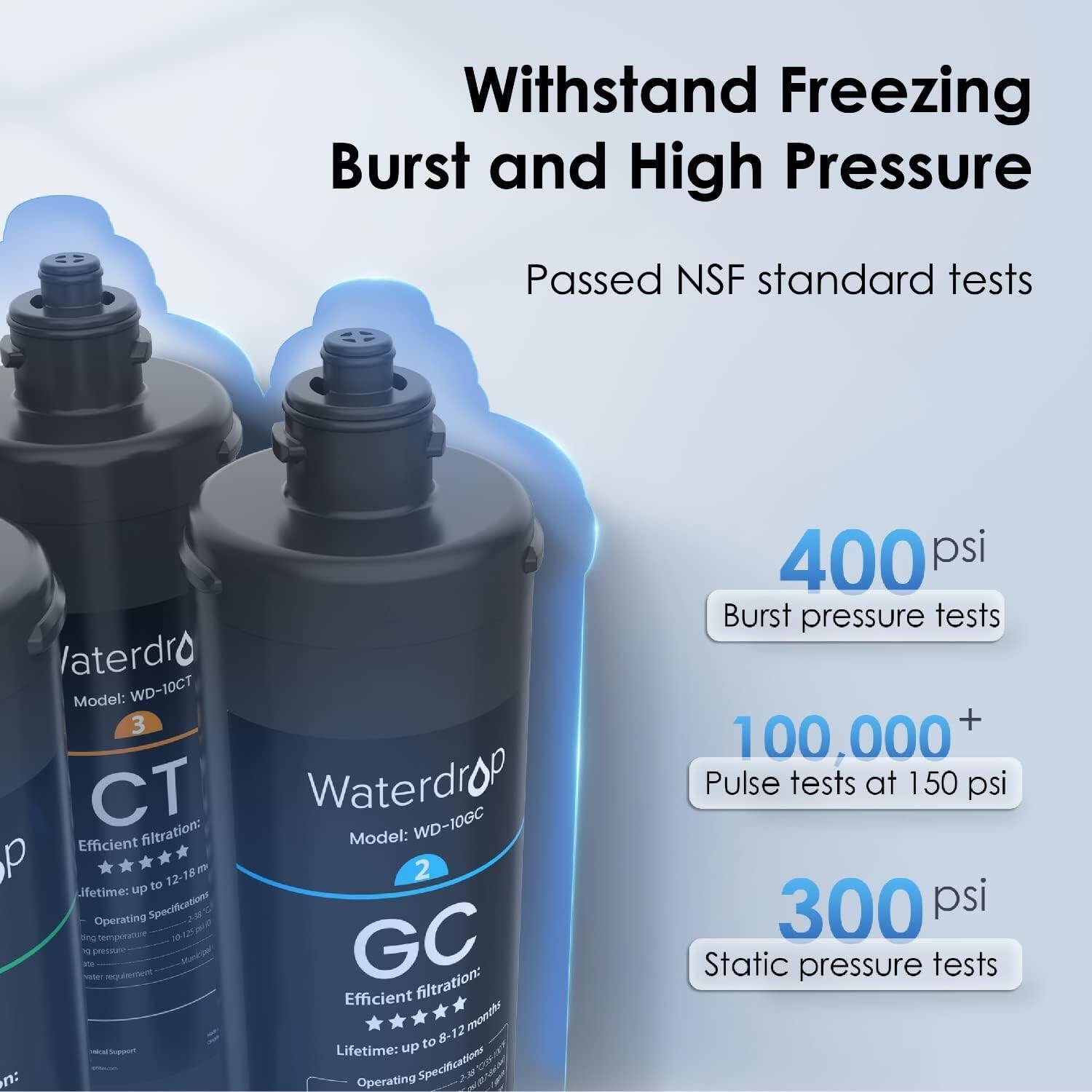 Withstand Freezing Burst and High Pressure

Passed NSF standard tests

Waterdrop Model: WD-10CT
3 CT
Efficient filtration:
Lifetime: up to 12-18m
Operating Specifications

Waterdrop Model: WD-10GC
2 GC
Efficient filtration:
Lifetime: up to 8-12 months
Operating Specifications

400 psi Burst pressure tests
100,000+ Pulse tests at 150 psi
300 psi Static pressure tests