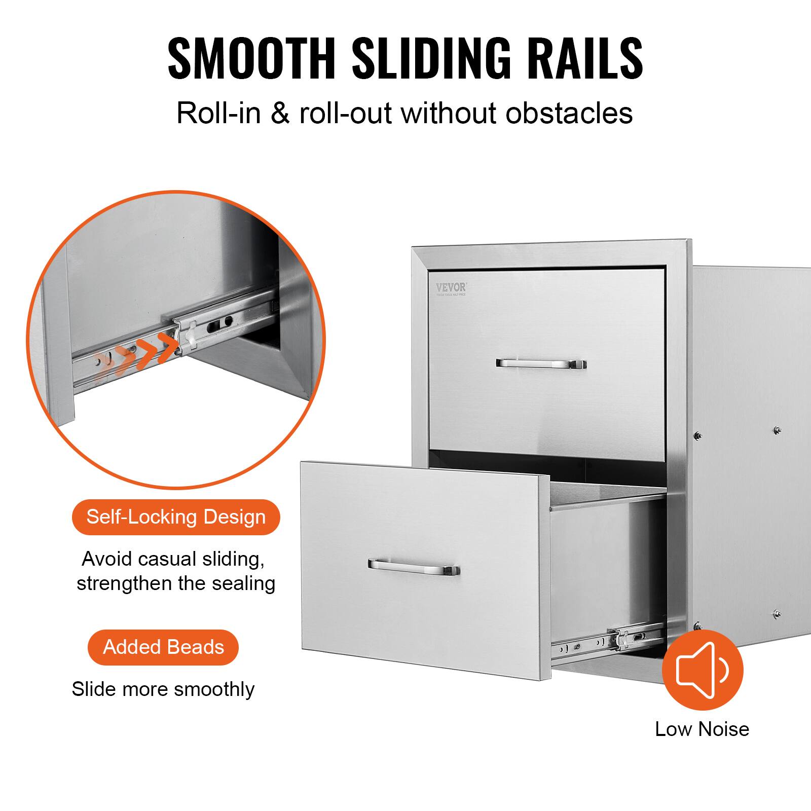 SMOOTH SLIDING RAILS  
Roll-in & roll-out without obstacles  

Self-Locking Design  
Avoid casual sliding, strengthen the sealing  

Added Beads  
Slide more smoothly  

Low Noise
