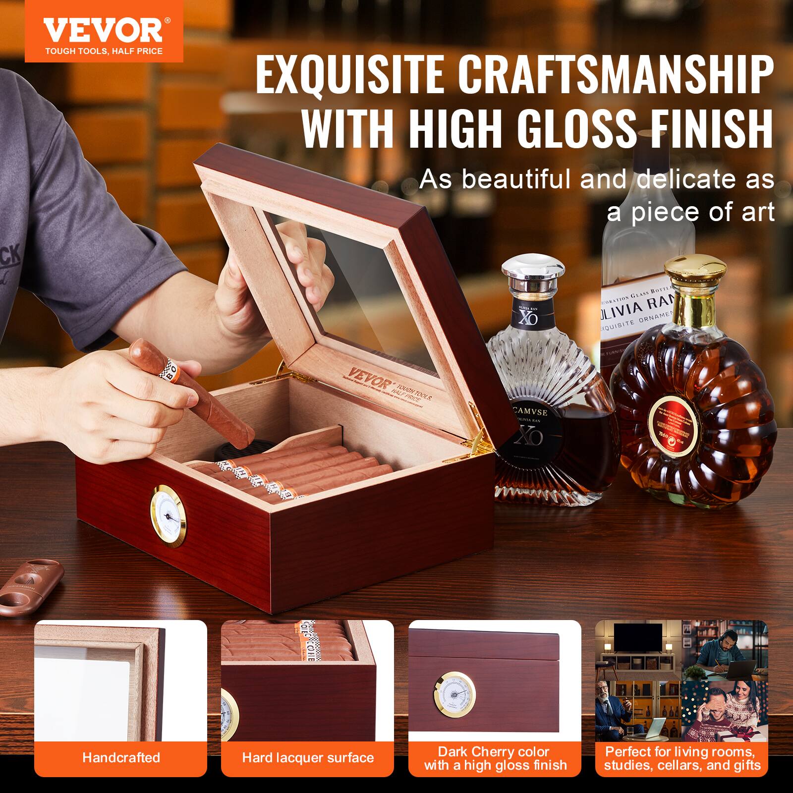 VEVOR  
TOUGH TOOLS, HALF PRICE  

EXQUISITE CRAFTSMANSHIP WITH HIGH GLOSS FINISH  
As beautiful and delicate as a piece of art  

Handcrafted  
Hard lacquer surface  
Dark Cherry color with a high gloss finish  
Perfect for living rooms, studies, cellars, and gifts