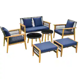 Pefilos - 7 Piece Outdoor Conversation Set, Deluxe Outdoor Patio with Stable Acacia Wood Frame Cozy Seat & Back Cushions-Navy - Blue