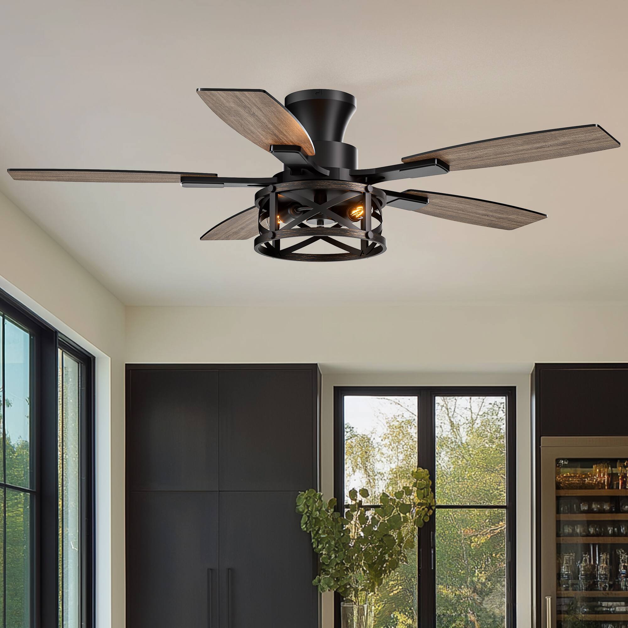 Left. Siljoy - 52 Inch Farmhouse Flush Mount Gold Black Ceiling Fan With Lights 6 Dual Color Blades Fits Patio Bedroom Living Room - Gold and Black.