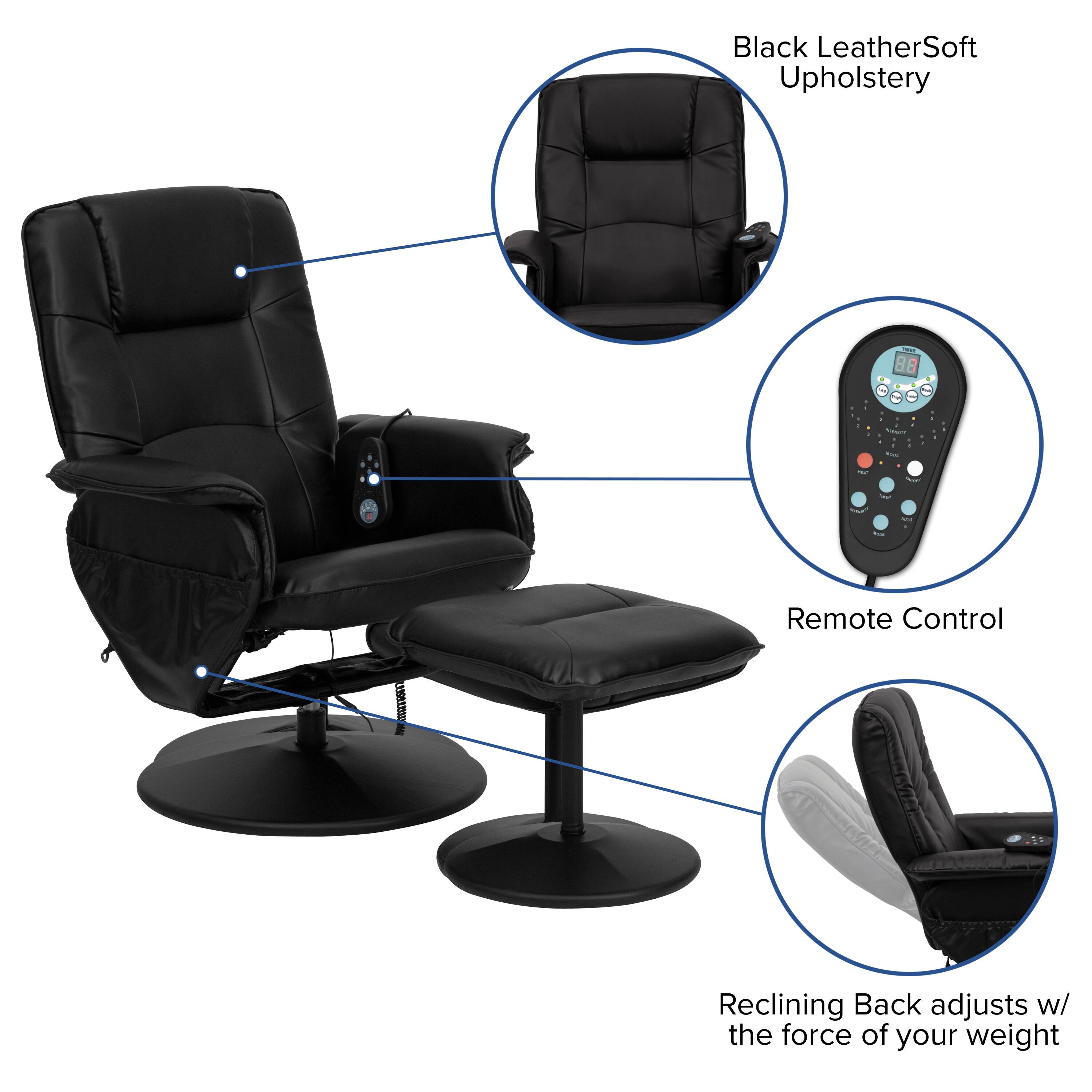 Black LeatherSoft Upholstery  
Remote Control  
Reclining Back adjusts w/ the force of your weight