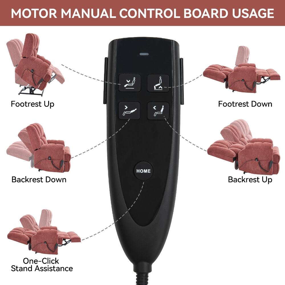 MOTOR MANUAL CONTROL BOARD USAGE

- Footrest Up
- Footrest Down
- Backrest Down
- HOME
- Backrest Up
- One-Click Stand Assistance