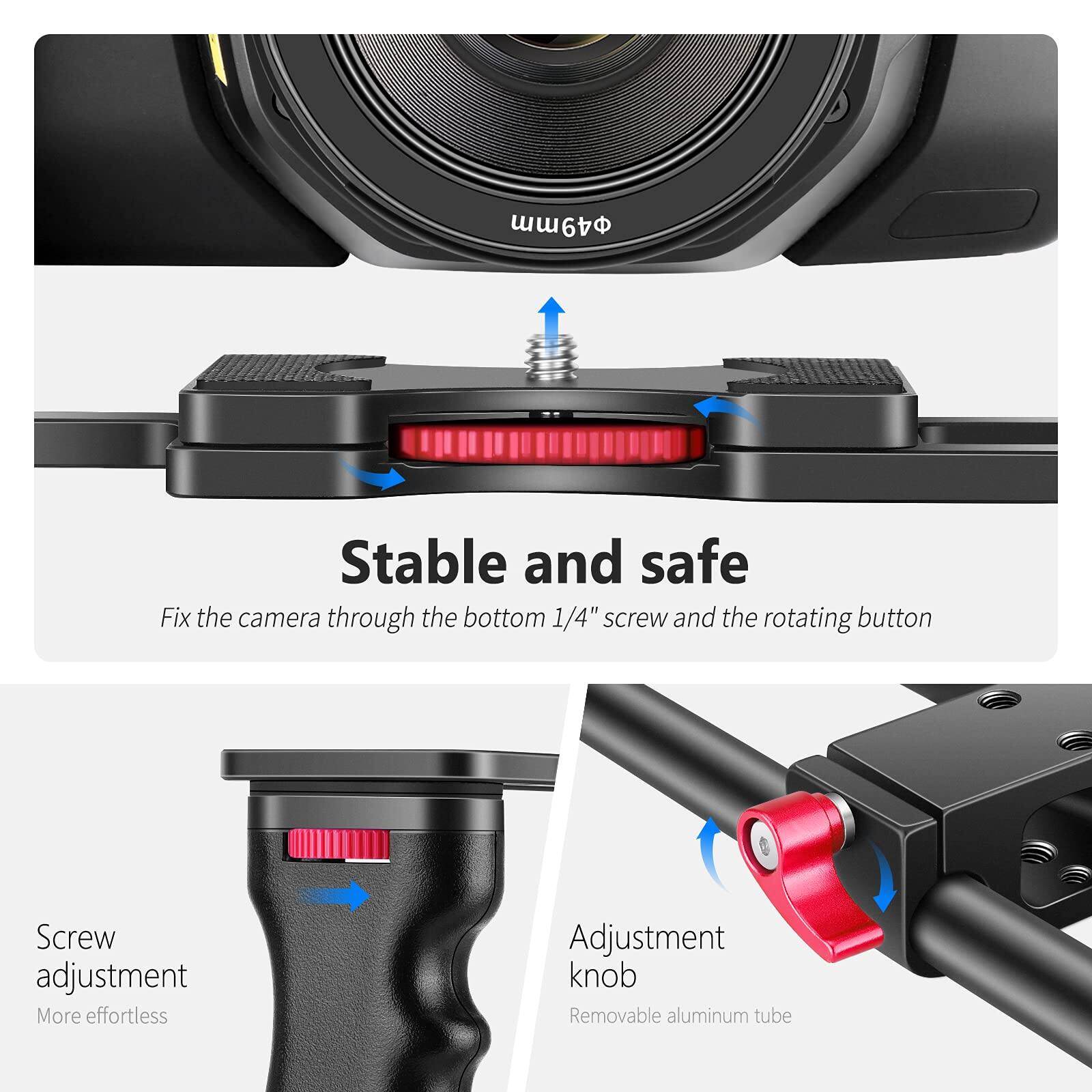 49m  
Stable and safe  
Fix the camera through the bottom 1/4" screw and the rotating button  
Screw adjustment  
More effortless  
Adjustment knob  
Removable aluminum tube