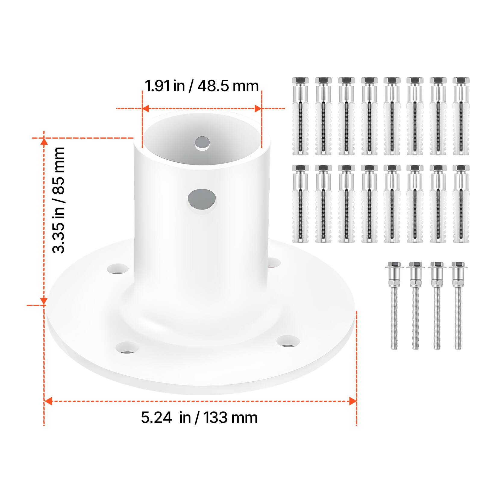 1.91 in / 48.5 mm  
3.35 in / 85 mm  
5.24 in / 133 mm