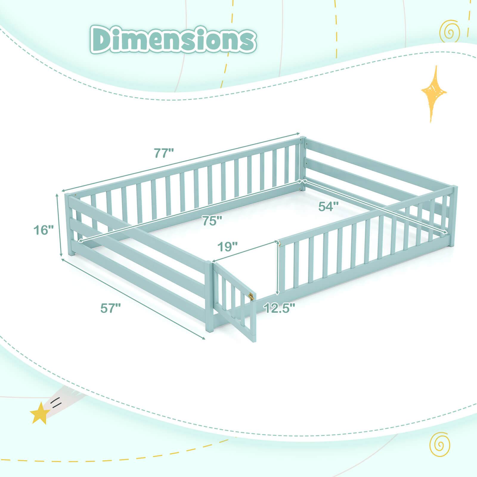 Dimensions:  
- Length: 77"  
- Width: 54"  
- Height: 16"  
- Inside Length: 75"  
- Inside Width: 57"  
- Inside Height: 19"  
- Side Rail Height: 12.5"