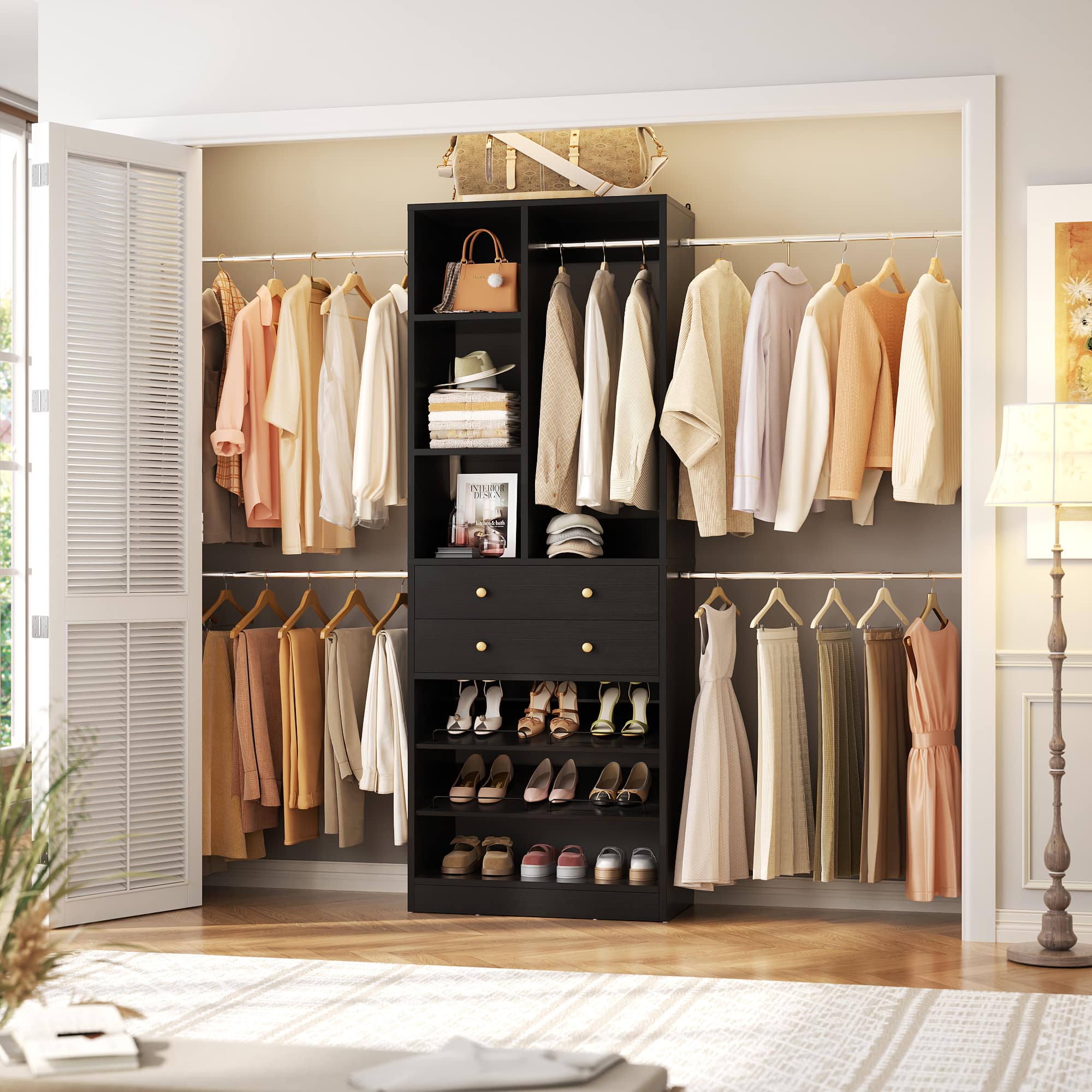 Aheaplus - 8FT Heavy Duty Closet System with Hanging Rods, Drawers, Shelves, and Shoe Racks, Wardrobe System for Bedroom/Closet - Black