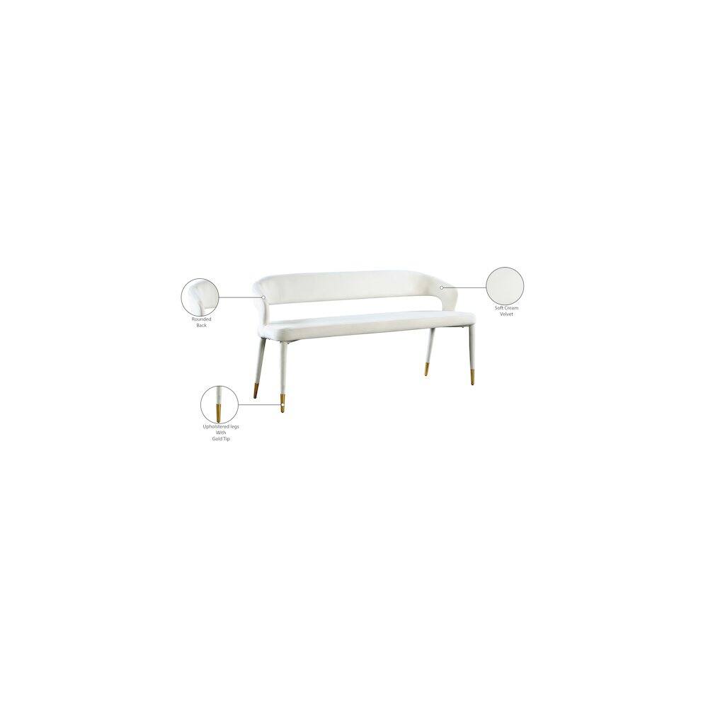 - Rounded back
- Upholstered legs with Gold Tip
- Soft Cream Velvet