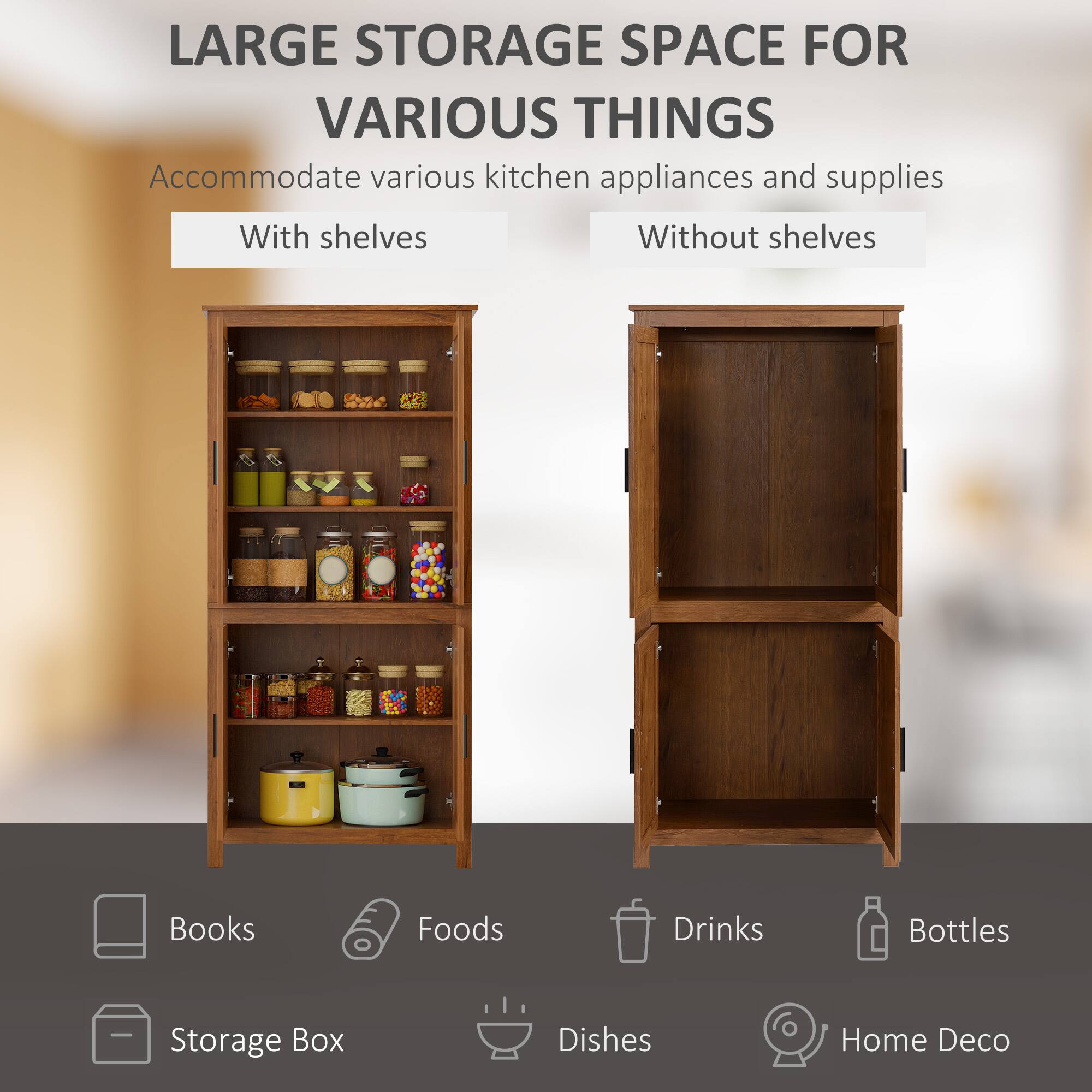 LARGE STORAGE SPACE FOR VARIOUS THINGS Accommodate various kitchen appliances and supplies With shelves Without shelves Books Foods Drinks Bottles Storage Box Dishes Home Deco