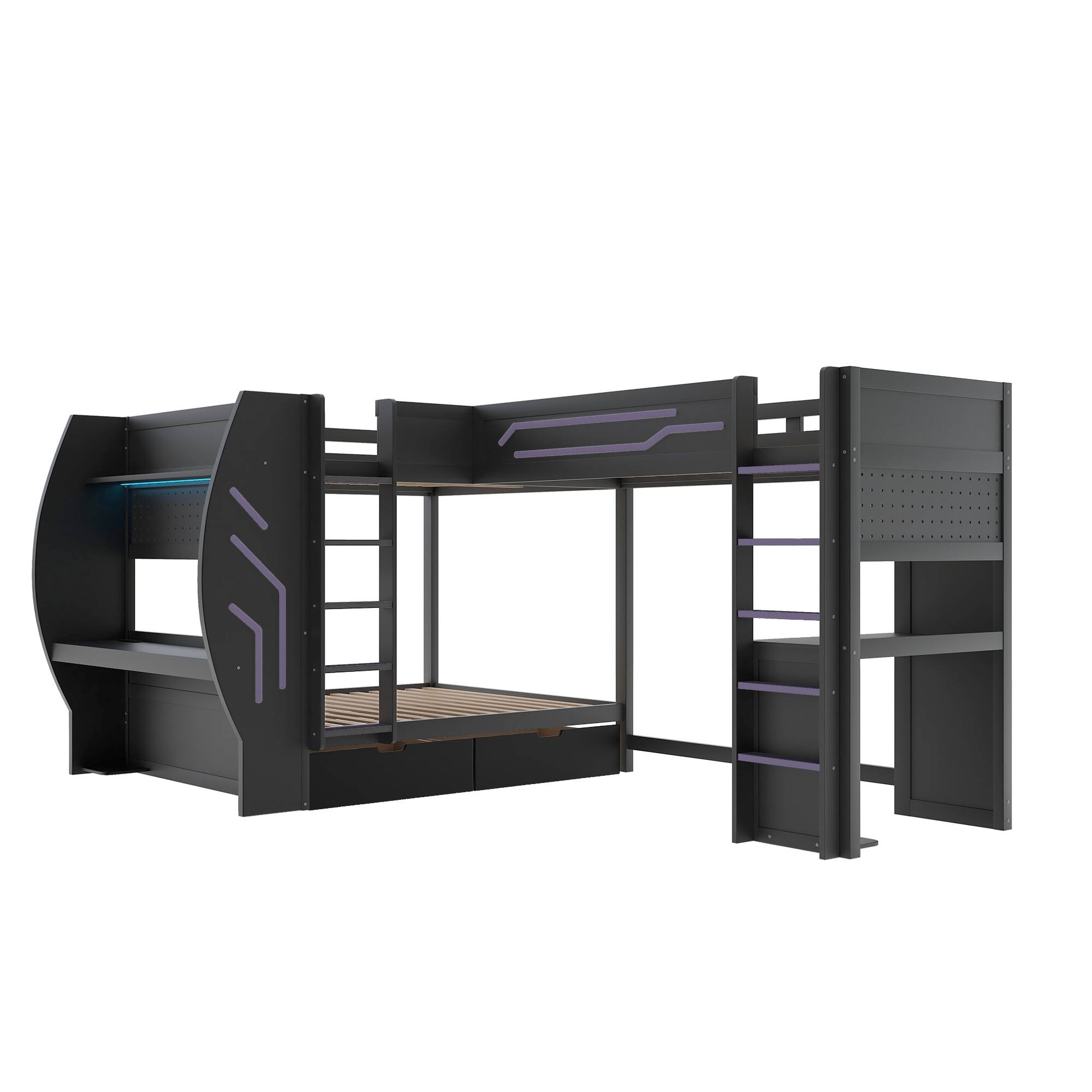 Angle. Whisen - L-Shaped Full and Twin Size Gaming Bunk Bed with Built-in Desks,Storage,Pegboard,LED Light and Charging Station - Black.