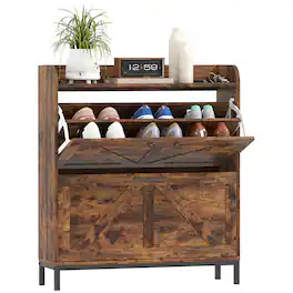 Homcom - Shoe Storage Cabinet with 2 Flip Drawers, Legs, Farmhouse Freestanding Narrow Shoe Cabinet - Rustic Brown