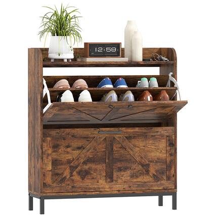 Front. Homcom - Shoe Storage Cabinet with 2 Flip Drawers, Legs, Farmhouse Freestanding Narrow Shoe Cabinet - Rustic Brown.