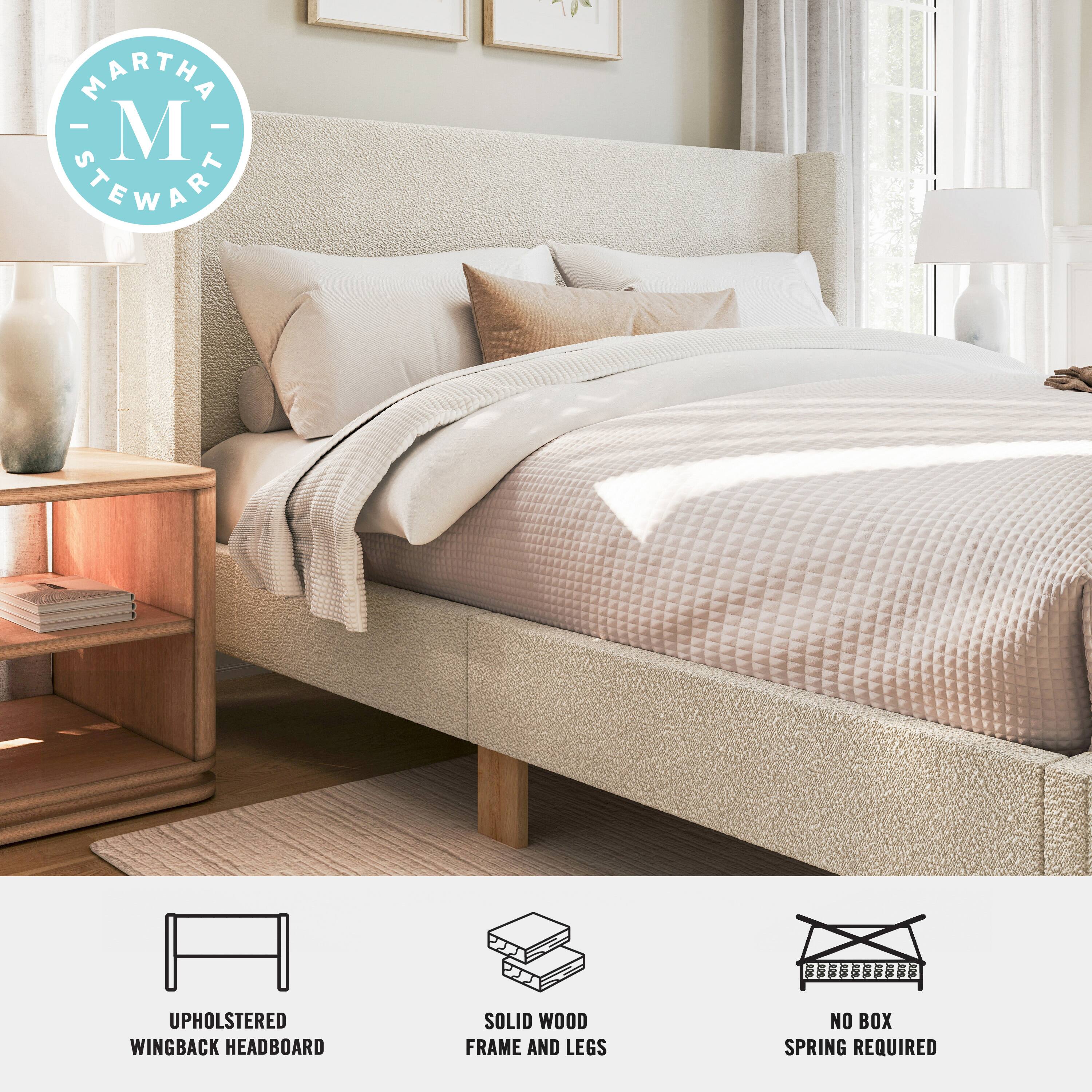 MARTHA - M STEWART  
UPHOLSTERED WINGBACK HEADBOARD  
SOLID WOOD FRAME AND LEGS  
NO BOX SPRING REQUIRED