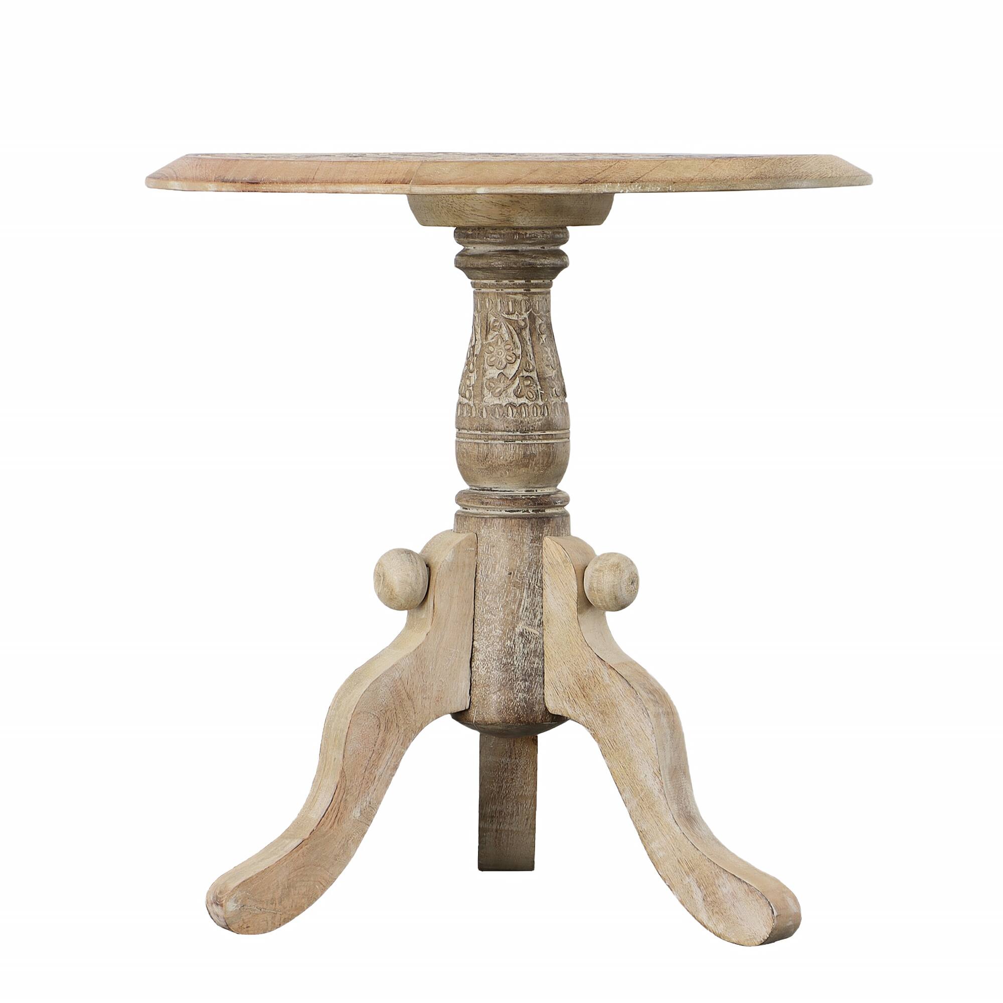 Alt View 3. Manhattan Lane - Intricately Carved Round Top Mango Wood Side End Table with Pedestal Base - Brown and White.