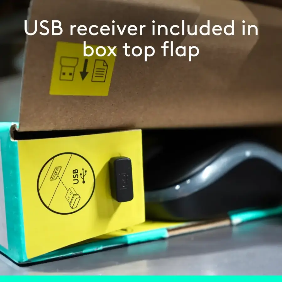 The text on the image reads: "USB receiver included in box top flap."