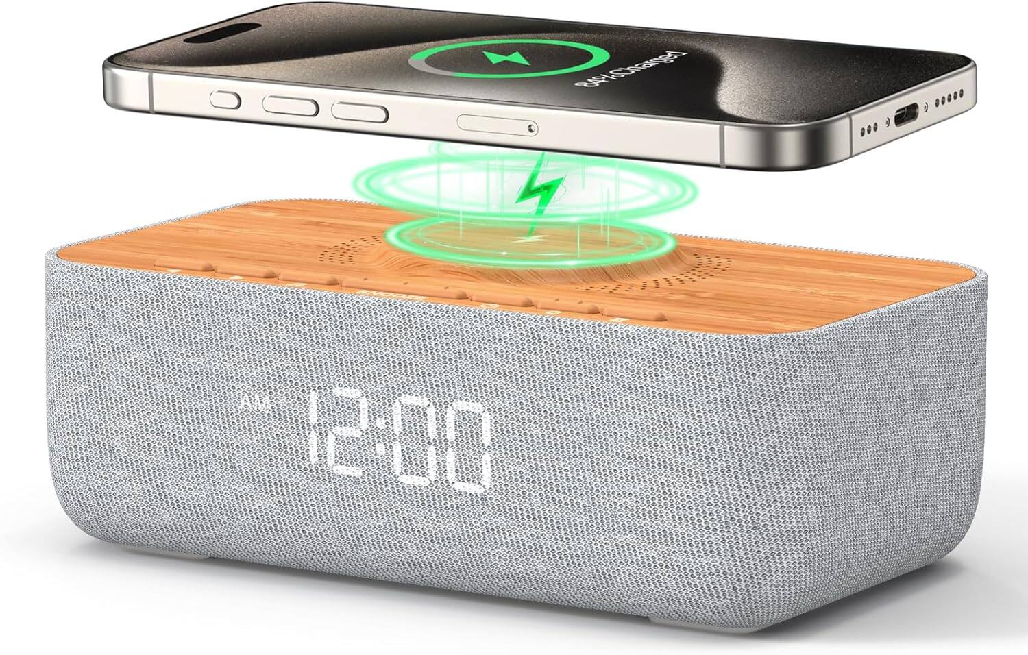 Alt View 4. Stamp n Camp - REACHER 15W Fast Wireless Charging Alarm Clock with White Noise Machine │ 20 High-Fidelity Sleep Sounds Gradual Wake & - White.