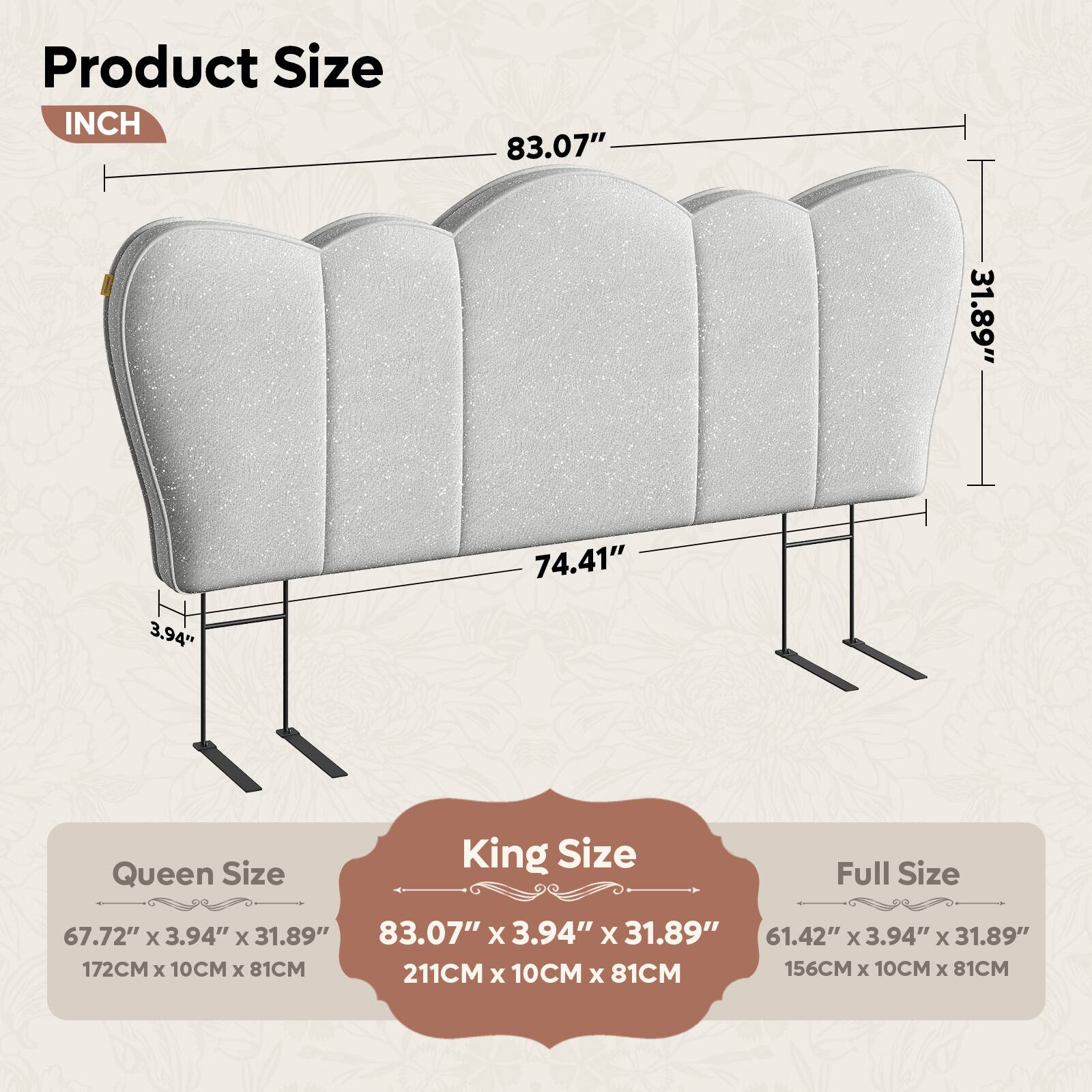 Product Size

INCH

83.07" 31.89" 74.41" 3.94"

Queen Size: 67.72" x 3.94" x 31.89" (172CM x 10CM x 81CM)

King Size: 83.07" x 3.94" x 31.89" (211CM x 10CM x 81CM)

Full Size: 61.42" x 3.94" x 31.89" (156CM x 10CM x 81CM)