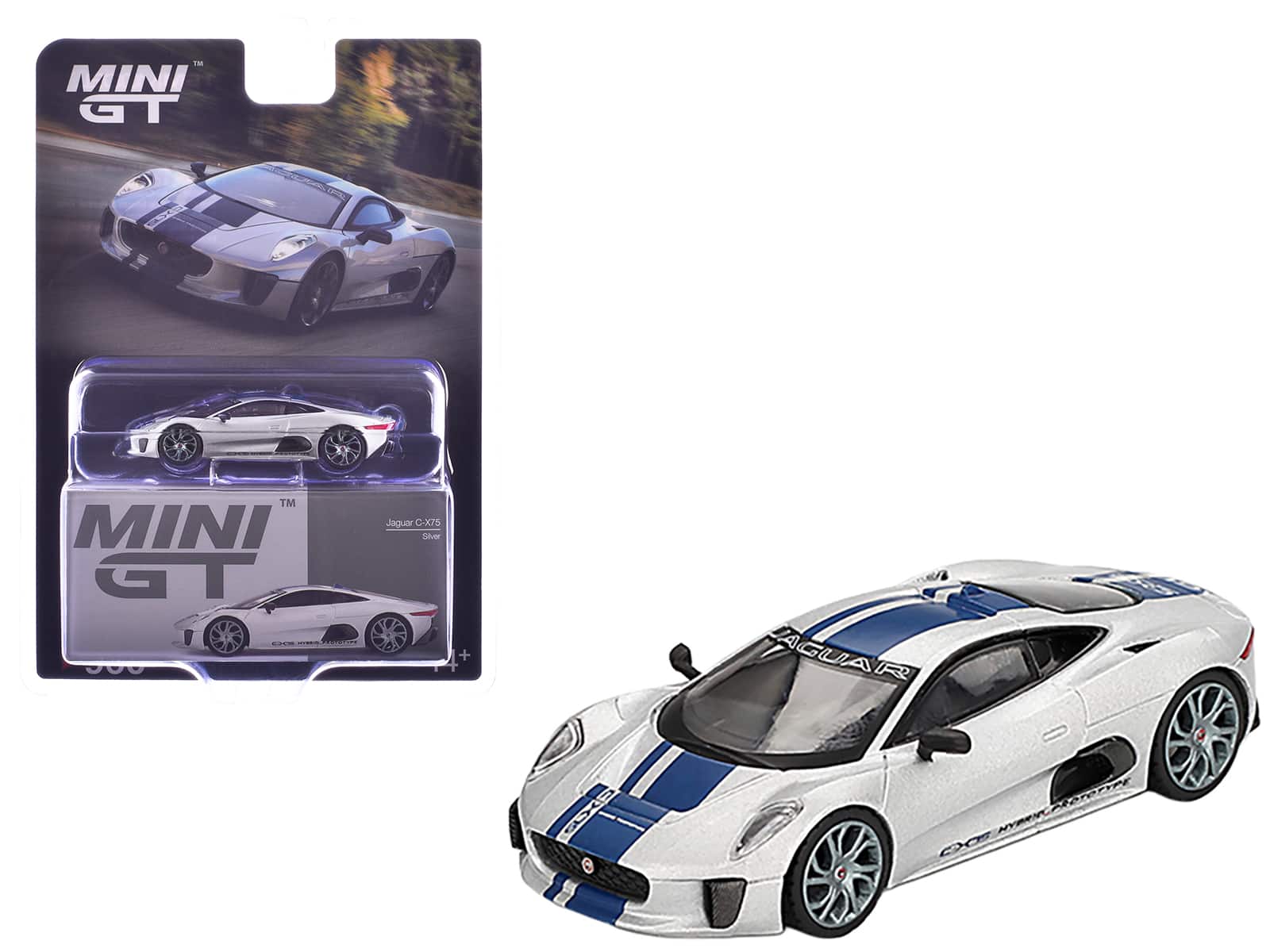 True Scale Miniatures - Jaguar C-X75 Silver Metallic with Blue Stripes Limited Edition 1/64 Diecast Model Car by Mini GT