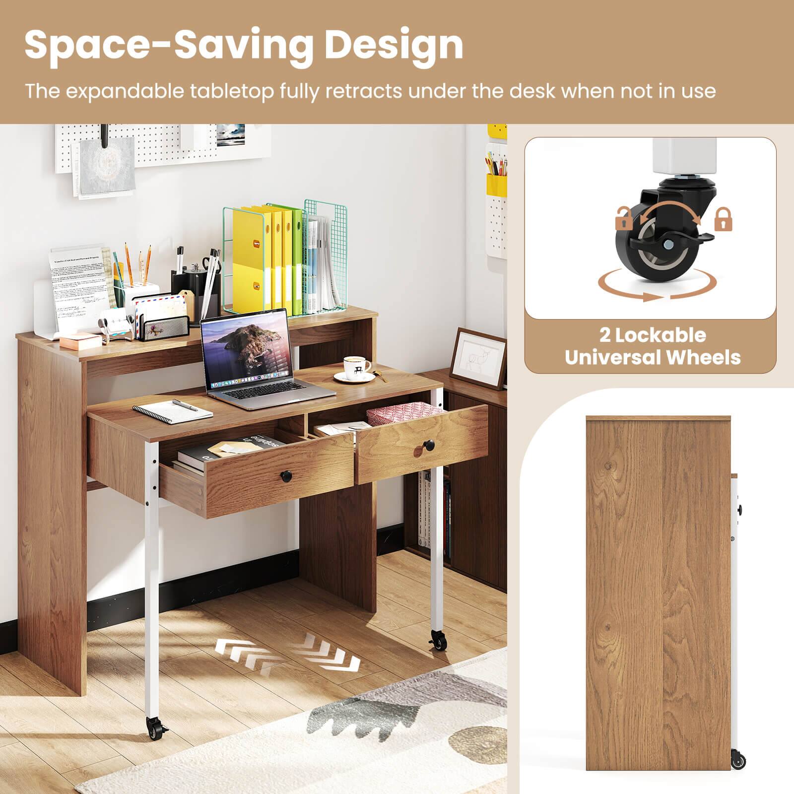 Space-Saving Design
The expandable tabletop fully retracts under the desk when not in use
2 Lockable Universal Wheels