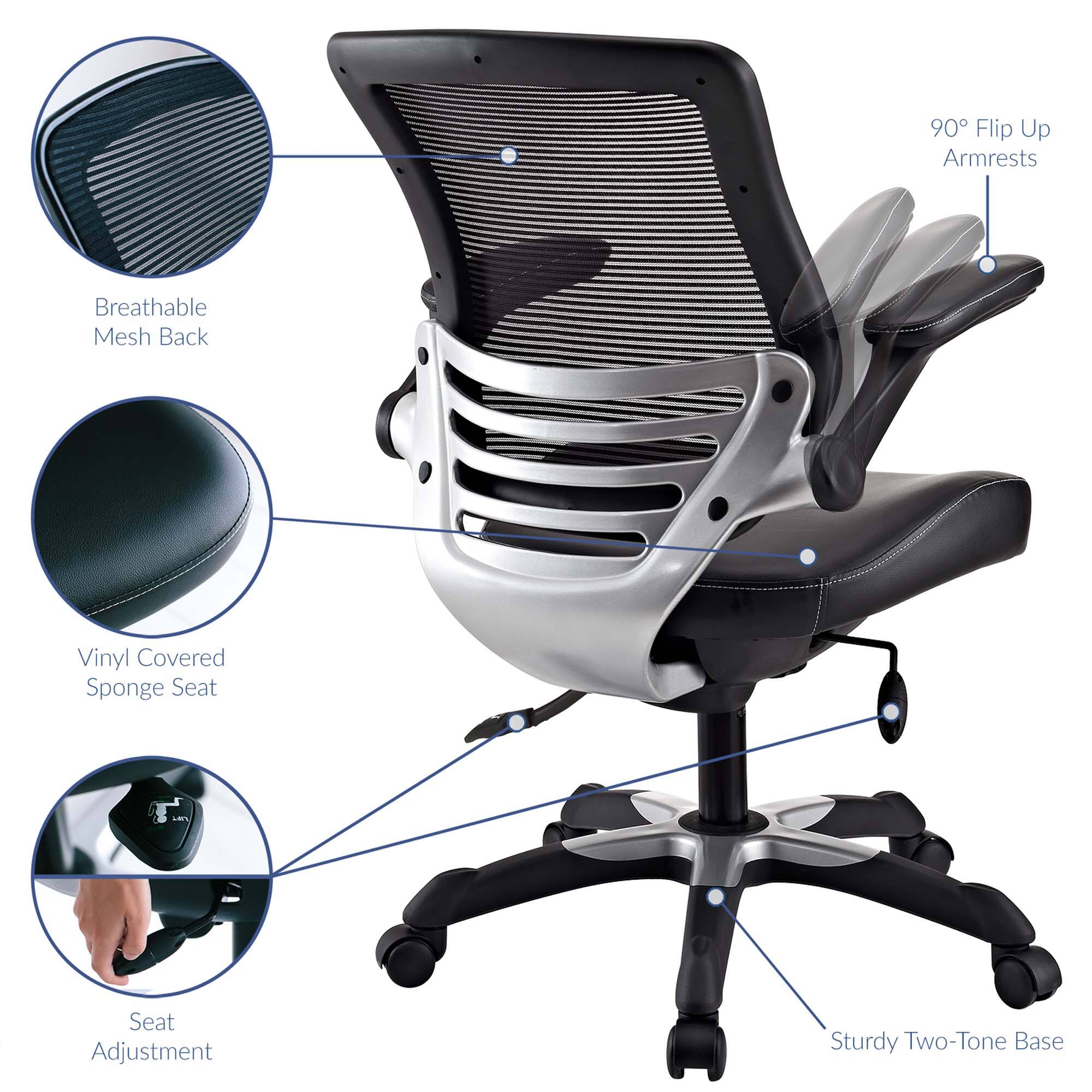 - 90° Flip Up Armrests
- Breathable Mesh Back
- Vinyl Covered Sponge Seat
- Seat Adjustment
- Sturdy Two-Tone Base
