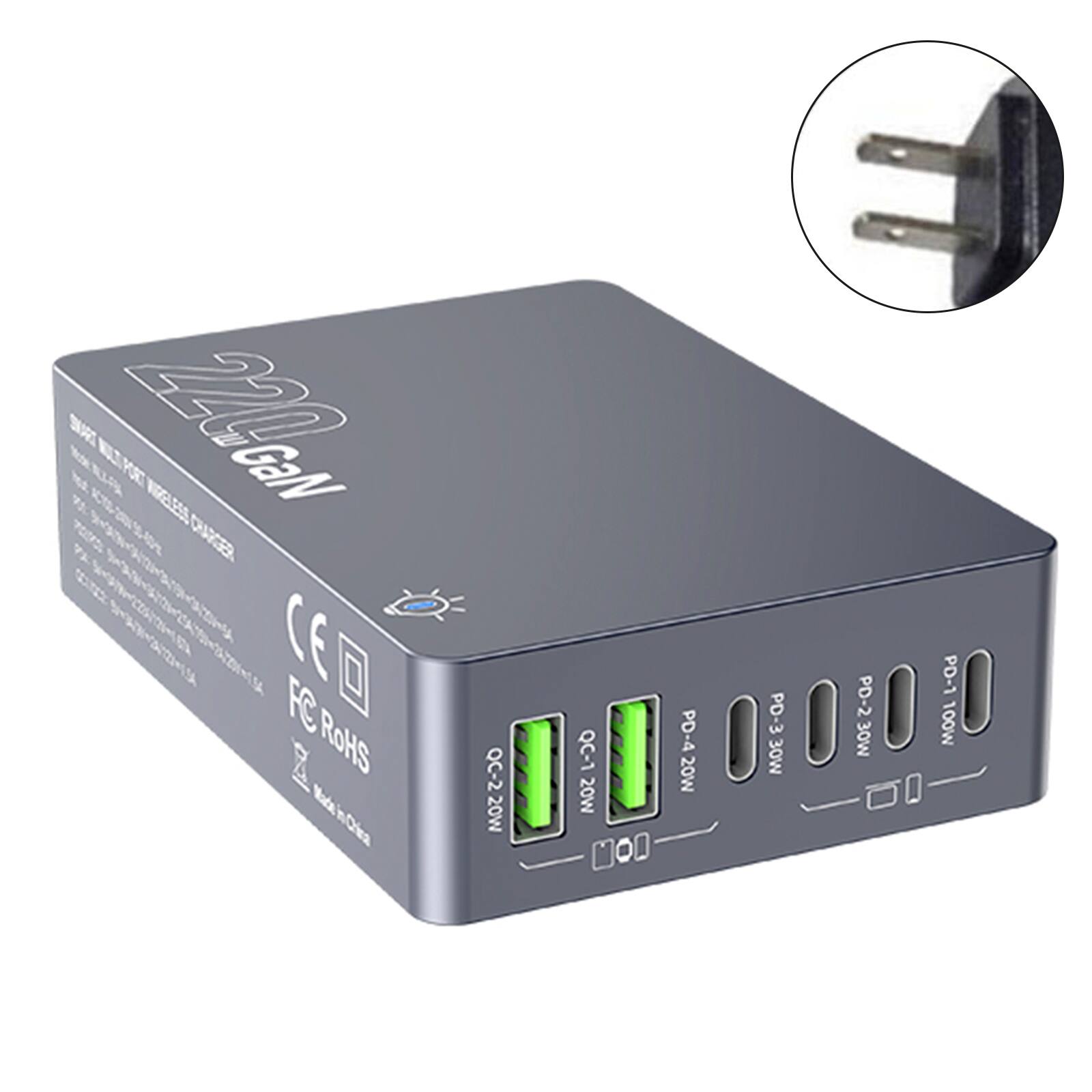 BAS KTE 220a NIGELES GaN CHAGER CE FC RoHS Made in China QC-2 20W L-D0 20W PD-4 20W PD-3 30W PD-2 30W PD-1 100W