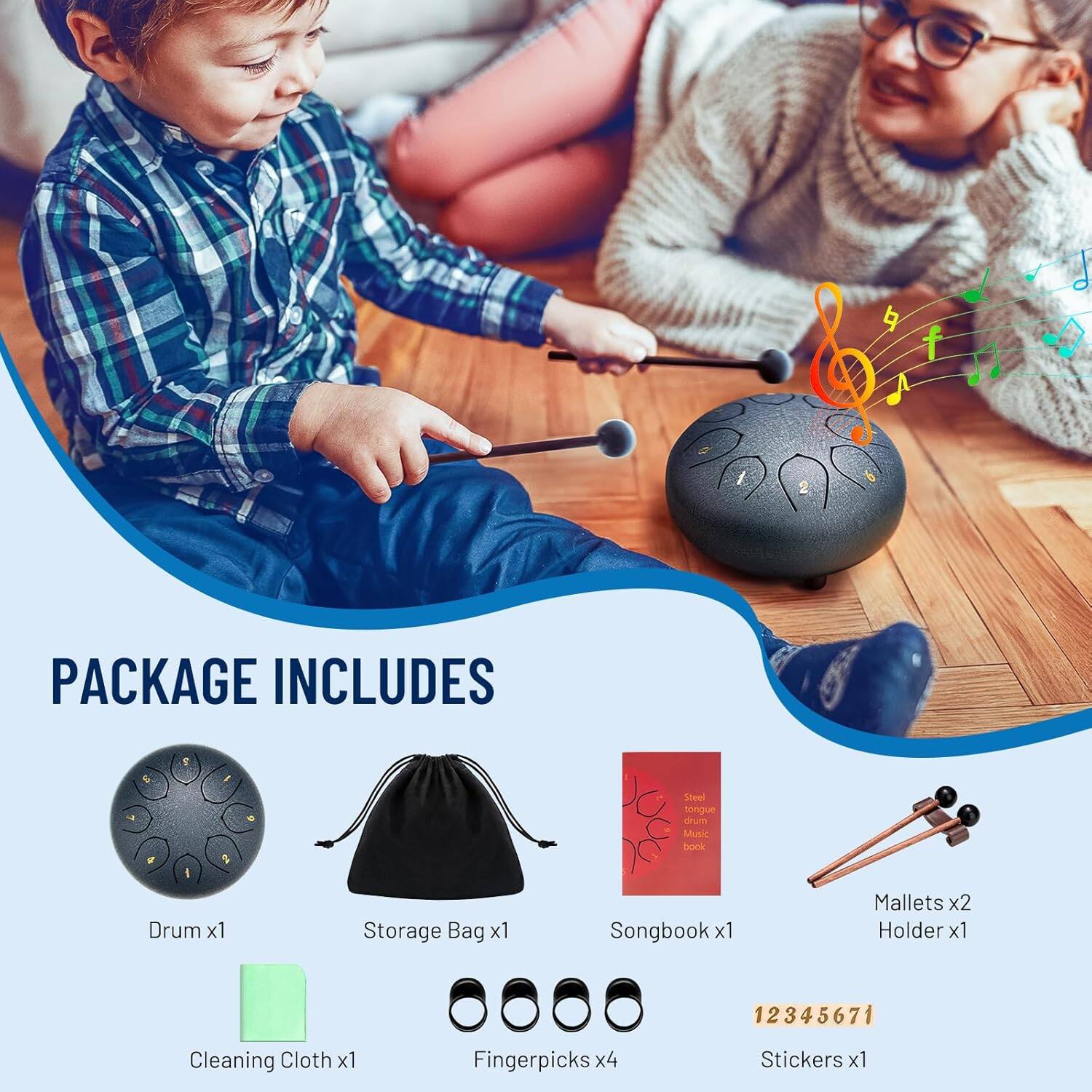 PACKAGE INCLUDES

- Drum x1
- Storage Bag x1
- Songbook x1
- Mallets x2
- Holder x1
- Cleaning Cloth x1
- Fingerpicks x4
- Stickers x1