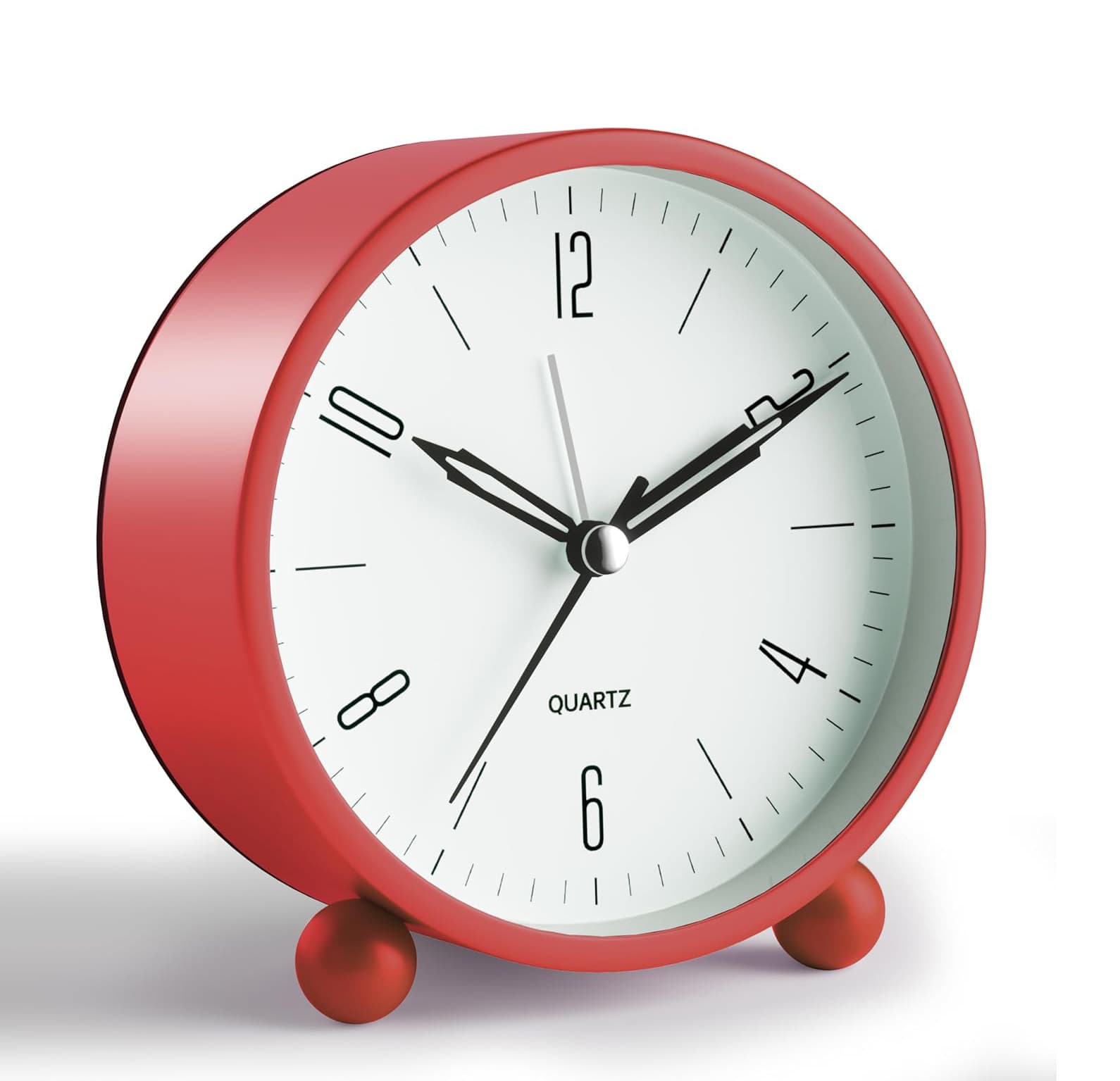 FINEAK - 4" Silent Non-Ticking Analog Alarm Clock with Night Light, Battery Operated - Red