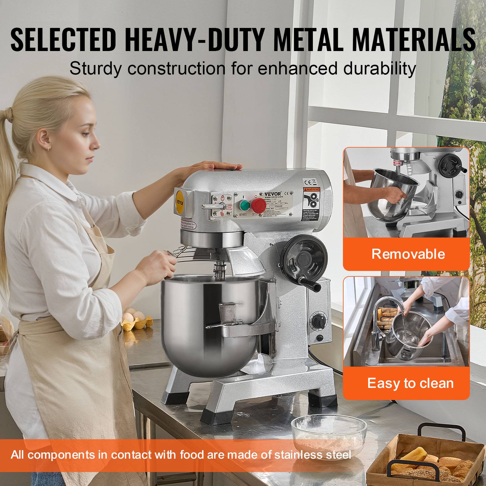 SELECTED HEAVY-DUTY METAL MATERIALS  
Sturdy construction for enhanced durability

VEVOR CE#

CE WARNING

Removable

Easy to clean

All components in contact with food are made of stainless steel