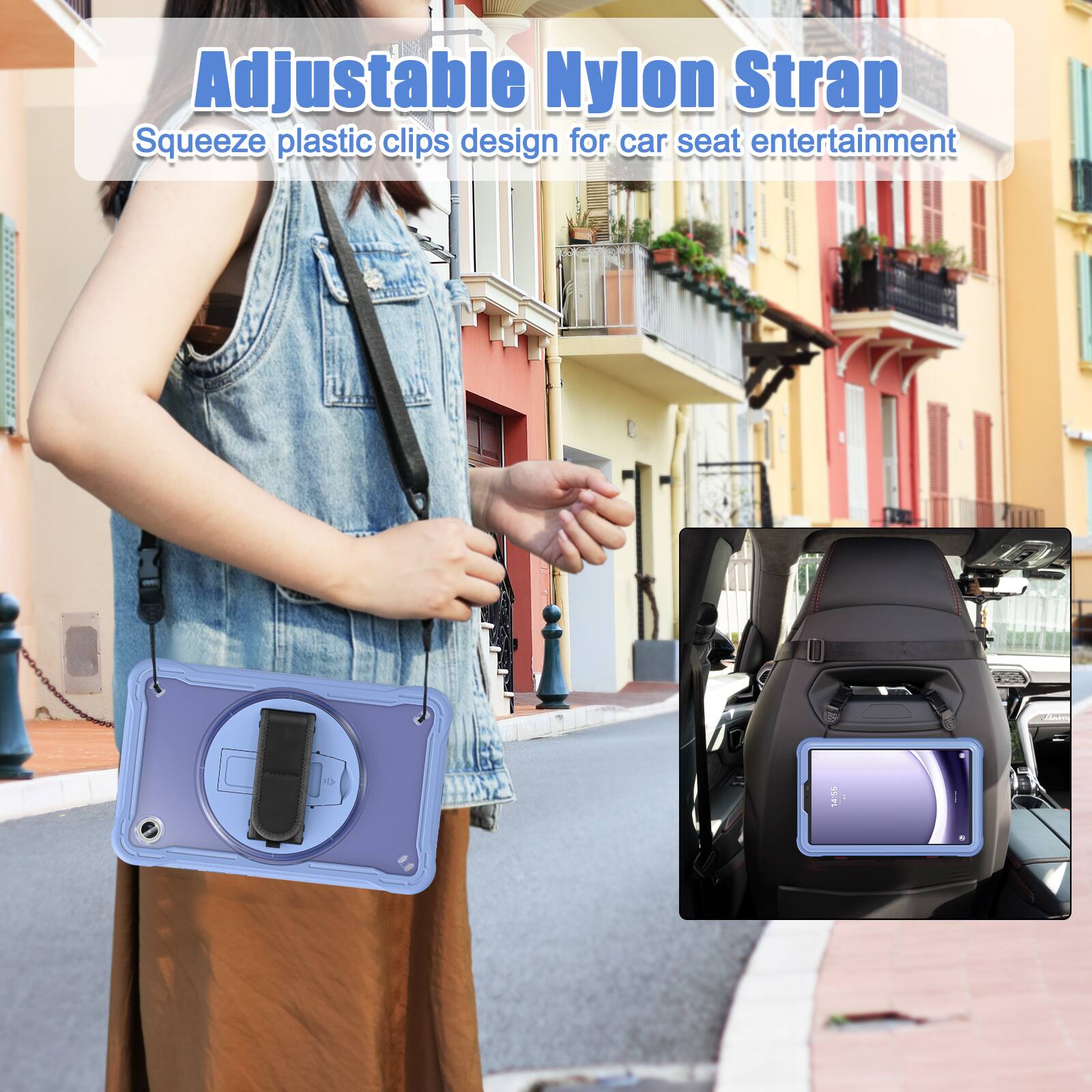 Adjustable Nylon Strap  
Squeeze plastic clips design for car seat entertainment