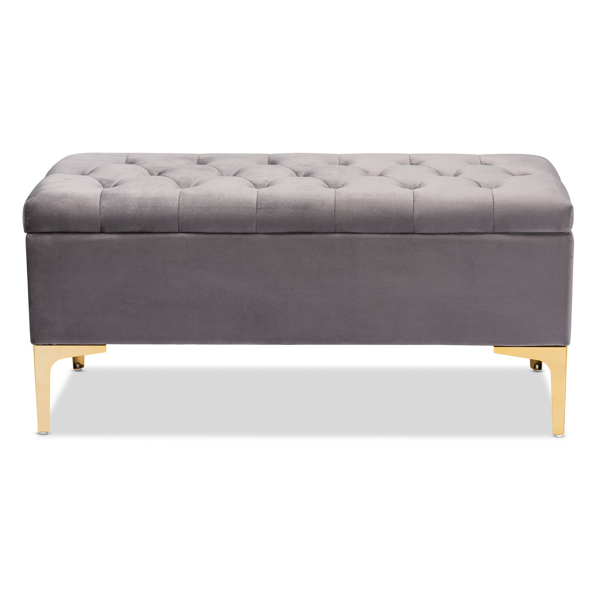 Left. Baxton Studio - Valere Glam and Luxe Velvet Fabric Upholstered Gold Finished Button Tufted Storage Ottoman - Grey/Gold.