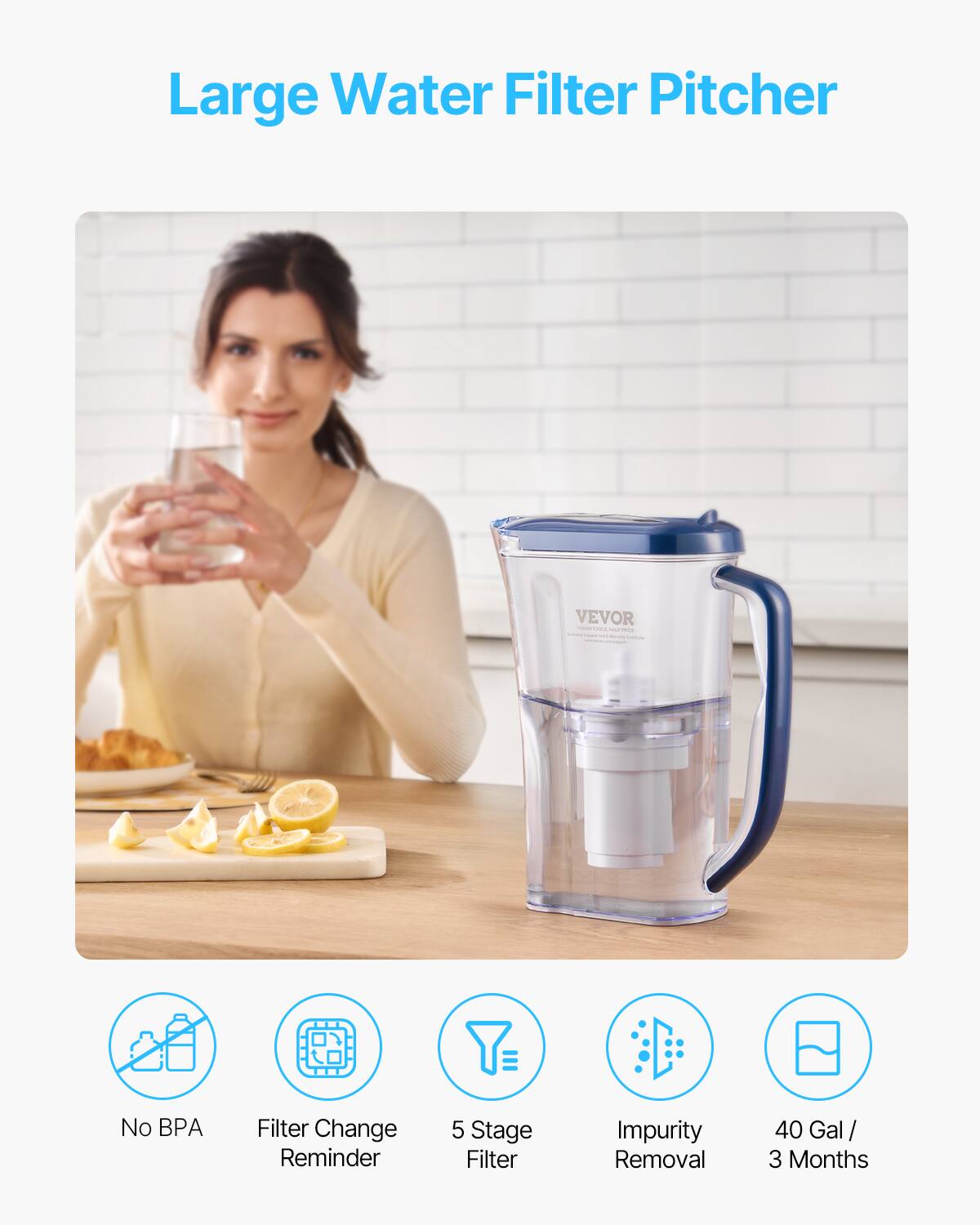 Large Water Filter Pitcher

- No BPA
- Filter Change Reminder
- 5 Stage Filter
- Impurity Removal
- 40 Gal / 3 Months