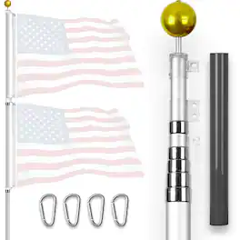 G128 - 20 ft Telescoping Aluminum Flagpole Heavy Duty In Ground Flag Pole for Residential and Commercial Use - Silver