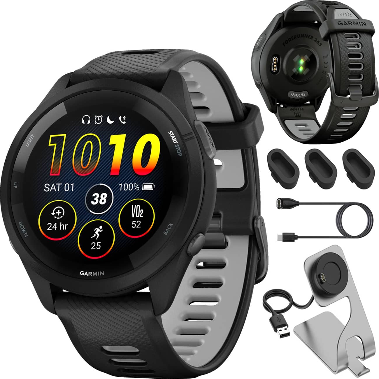 Garmin - Forerunner 265 GPS Smartwatch 46 mm Fiber-Reinforced polymer + Charging Dock + Dust Cover Bundle - Black Bezel & Case|Black/Powder Gray Silicone Band - (2023) price history on PriceWatchPro