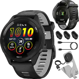 Garmin - Forerunner 265 GPS Smartwatch 46 mm Fiber-Reinforced polymer + Charging Dock + Dust Cover Bundle - Black Bezel & Case|Black/Powder Gray Silicone Band - (2023)