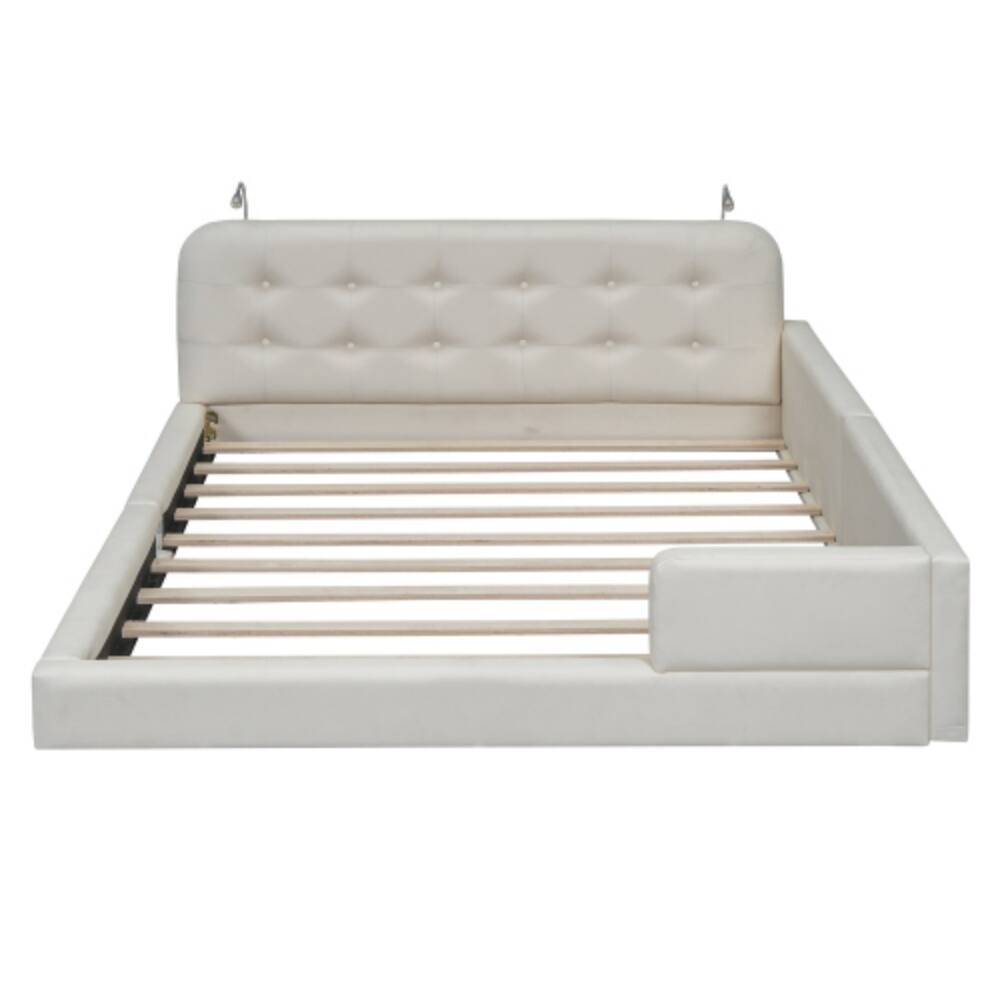 Alt View 1. LUCKY ONE - Queen Size Upholstered Platform Bed with 2 Reading Lights, PU Leather, Wood Slats, No Box Spring Needed - White.